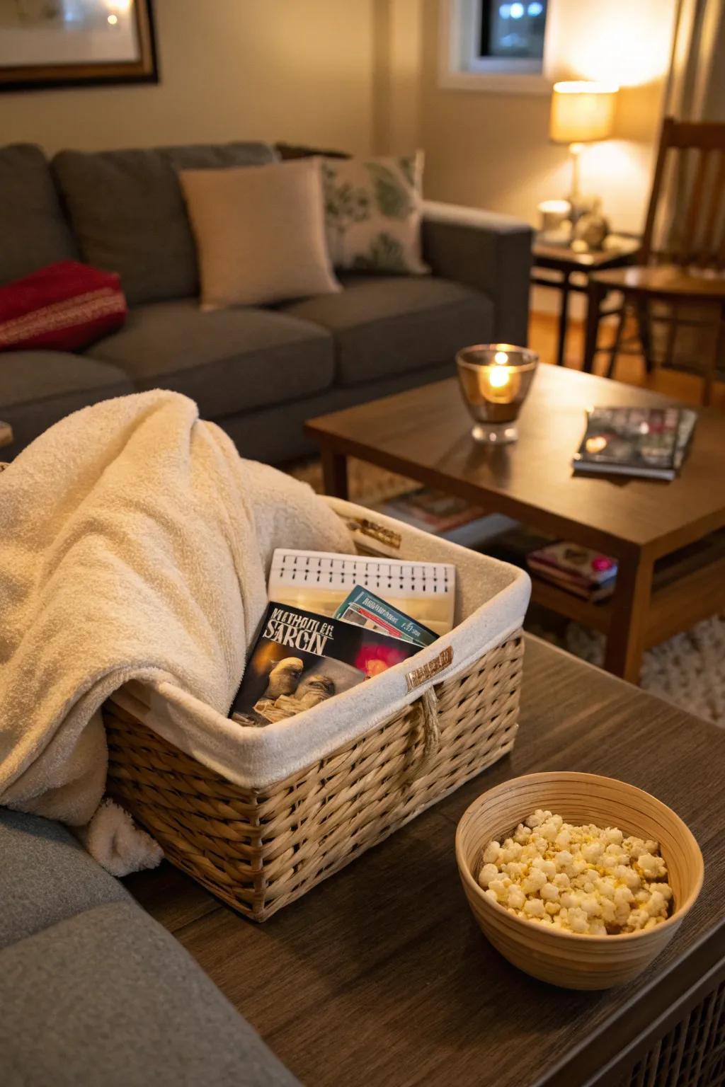 A snug basket designed for a romantic night spent at home.