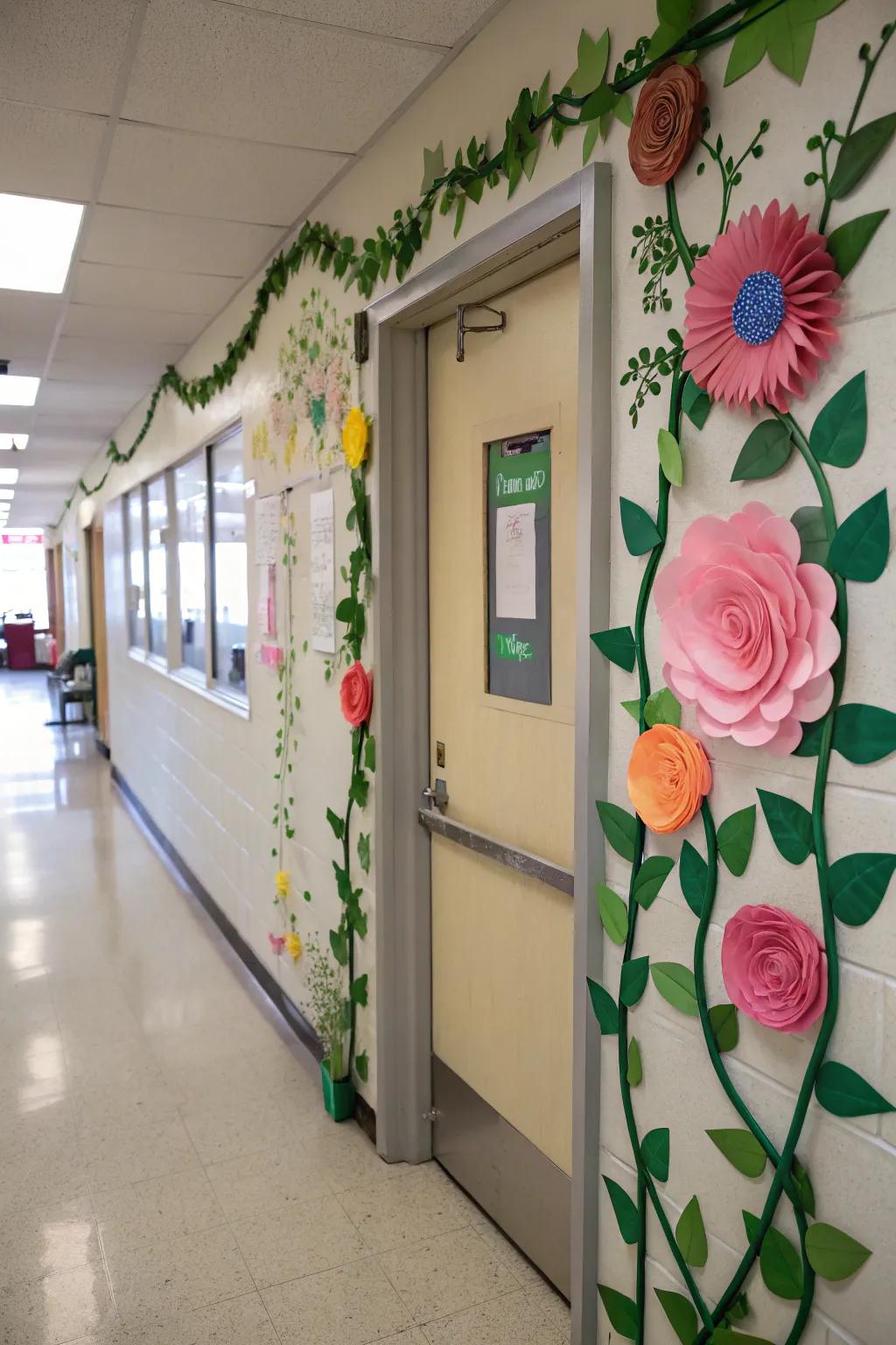 A classroom entrance adorned with paper blossoms and verdant vines, symbolizing affection in full bloom.