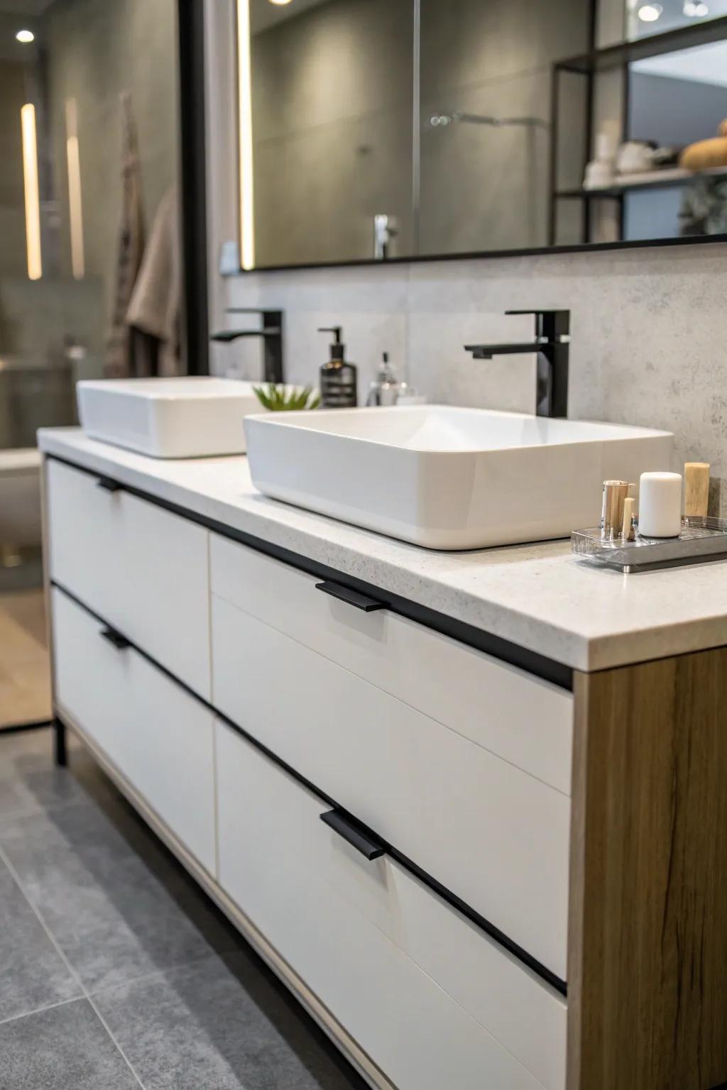 A contemporary vanity featuring sleek, minimalist aesthetics.
