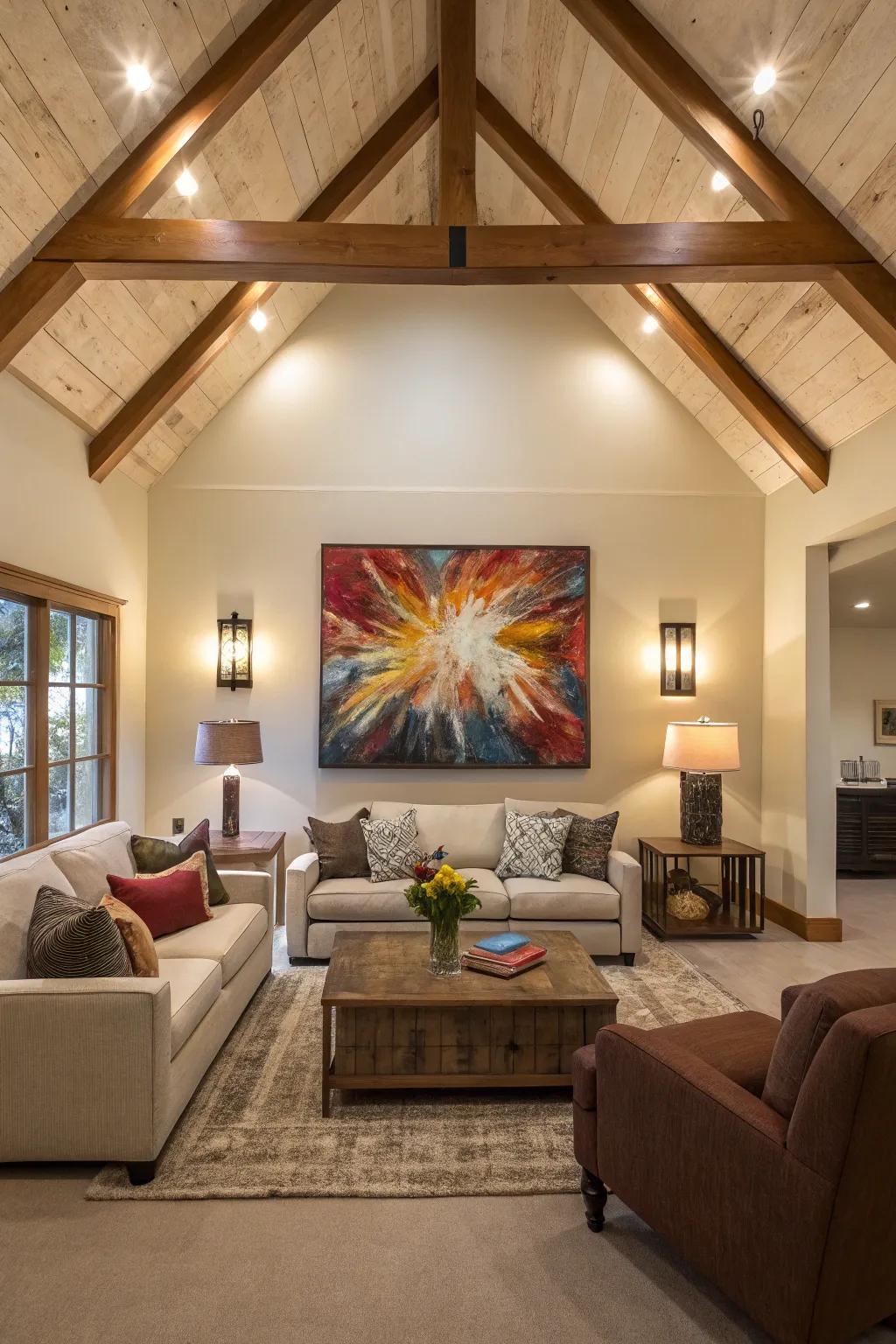 Living room with vaulted ceiling and large abstract art on the feature wall