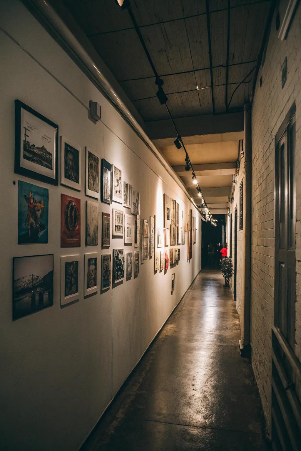 A rising gallery display gracing a tight hallway setting