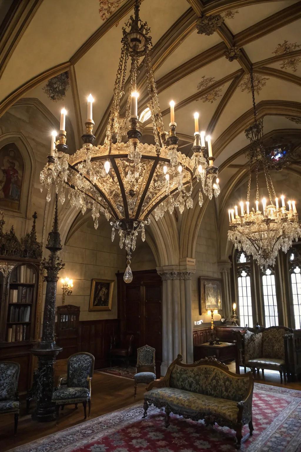 An imposing candelabrum appends both luminescence and drama to the chamber.