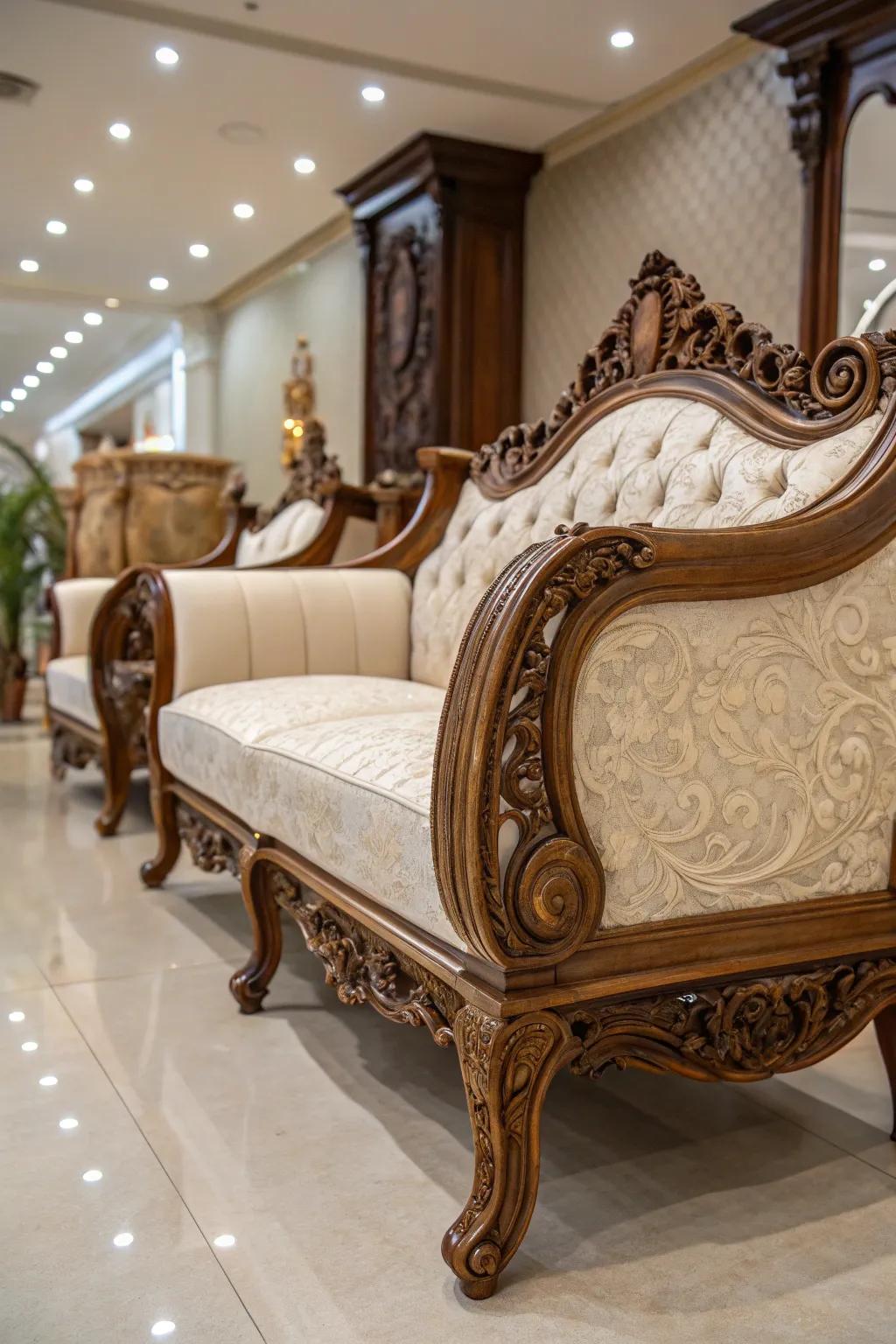 Elaborate furnishings with sophisticated carvings enhance an inventive ambiance to the space.