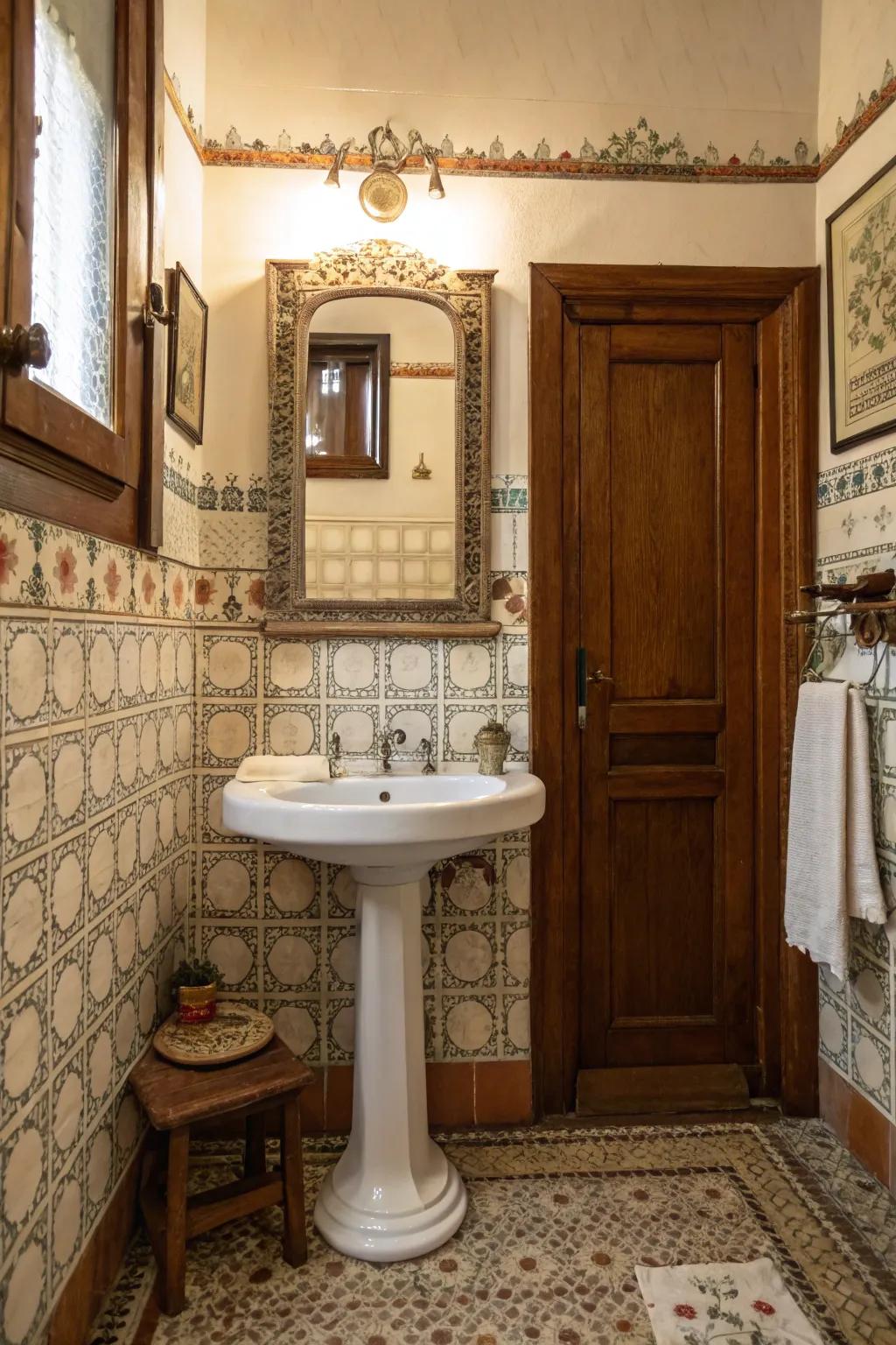 A pedestal sink injects a traditional flair into vintage bathroom decor.