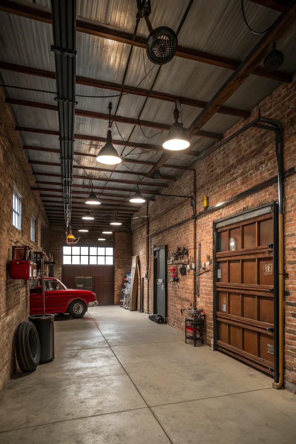 Industrial decor imparts a hardy, ageless appearance to a vintage garage.