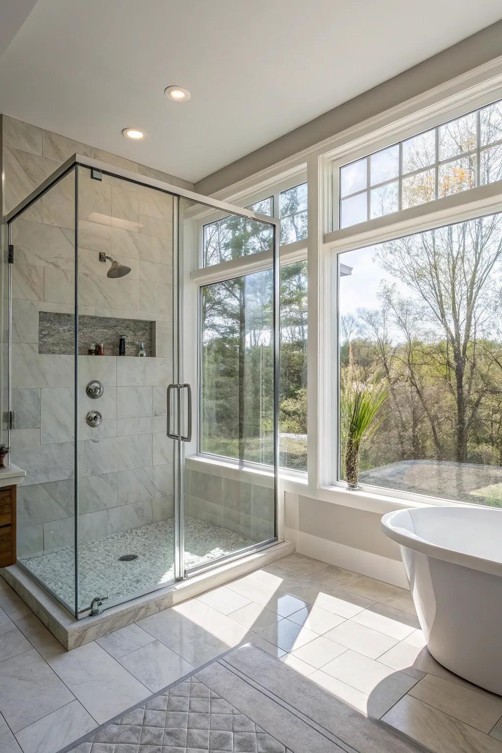 Natural light streams into this walk-in shower, creating an inviting atmosphere.