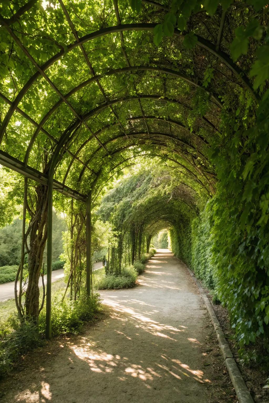 A living green tunnel crafts a magical garden journey.