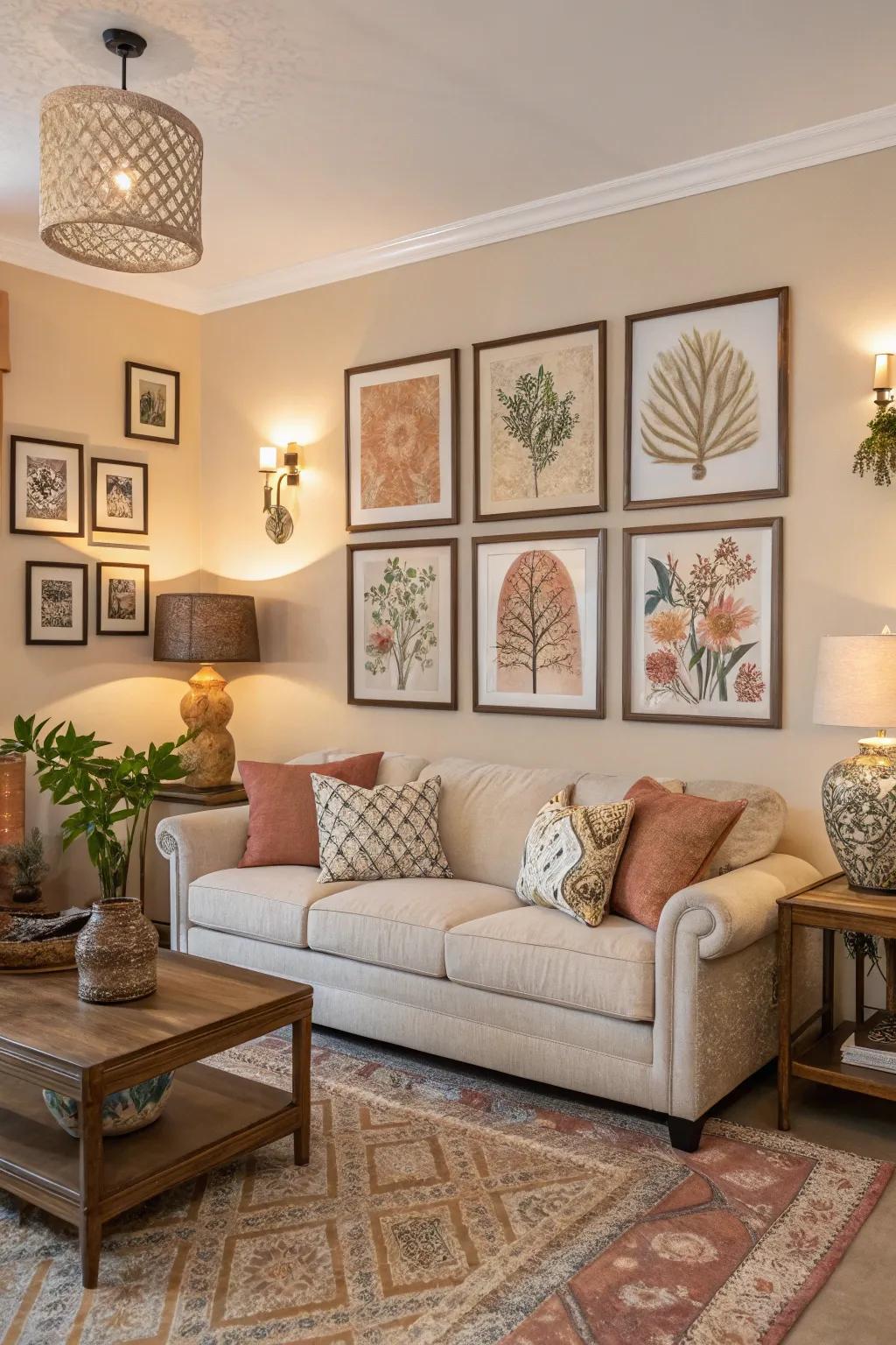 Wall art that complements the living room's color story.