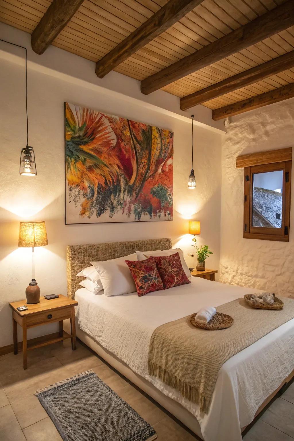 An abstract artwork infuses persona above the bed.