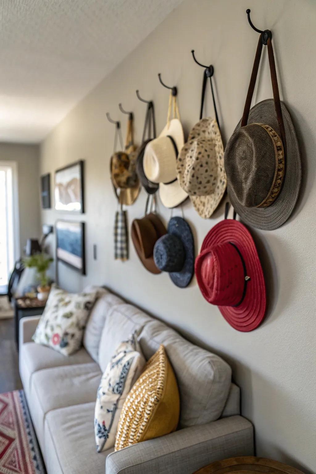 A gallery wall of hats using decorative hooks