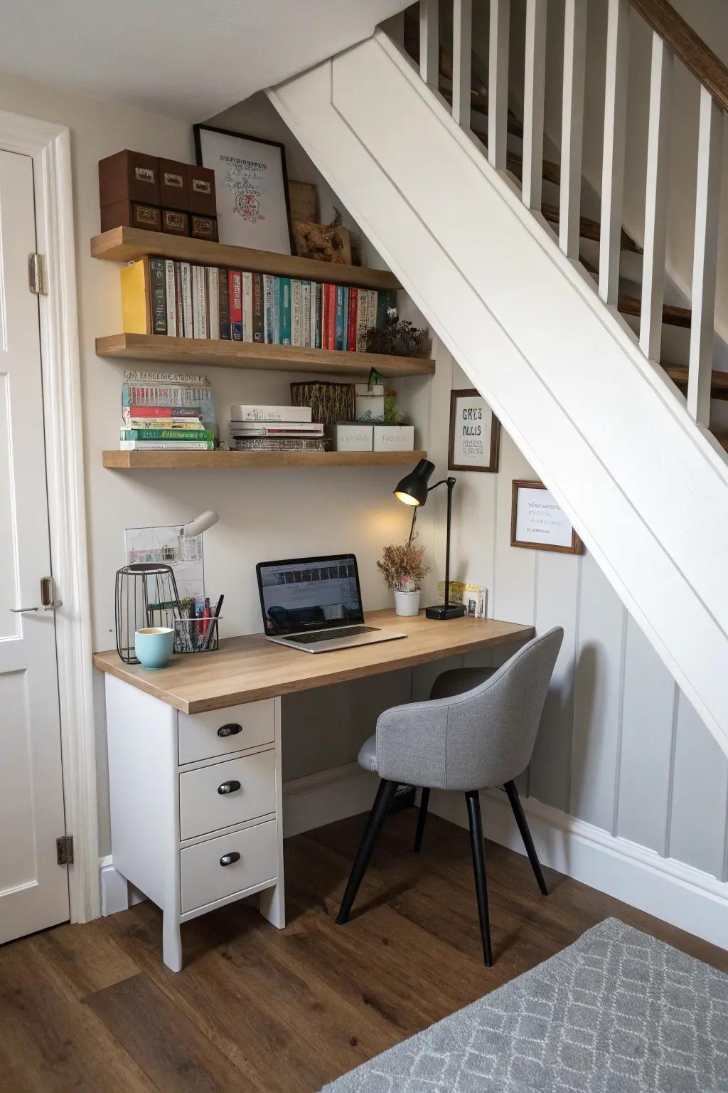 A mini office space beneath the staircase maximizes efficiency.
