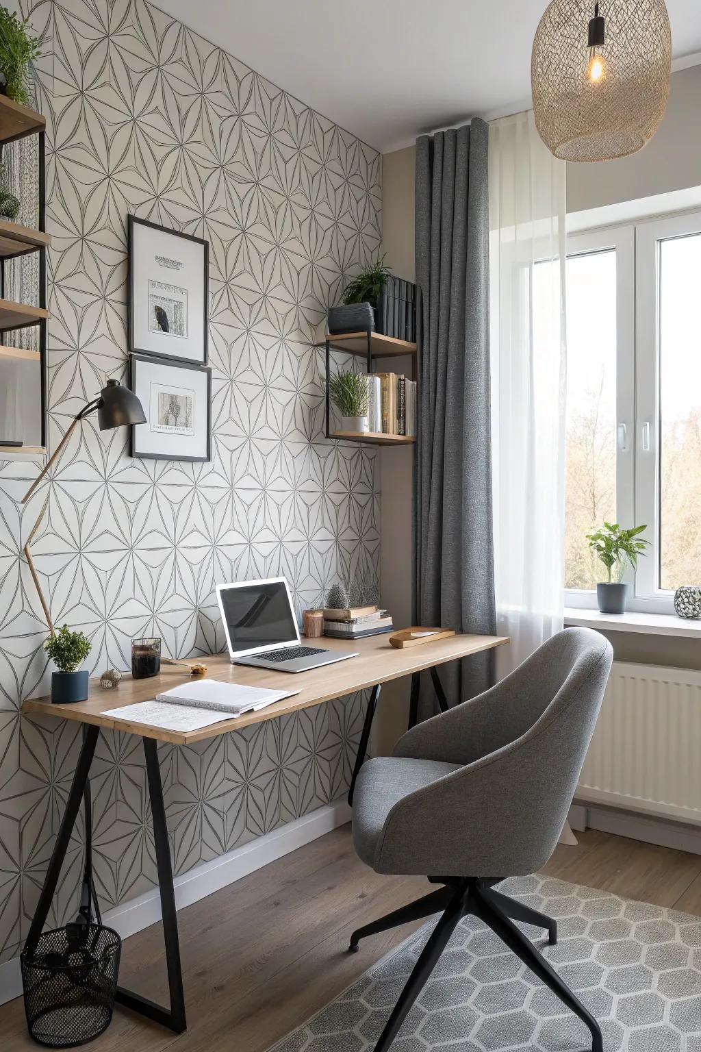 Geometric wallpaper brings a modern flair to workspaces.