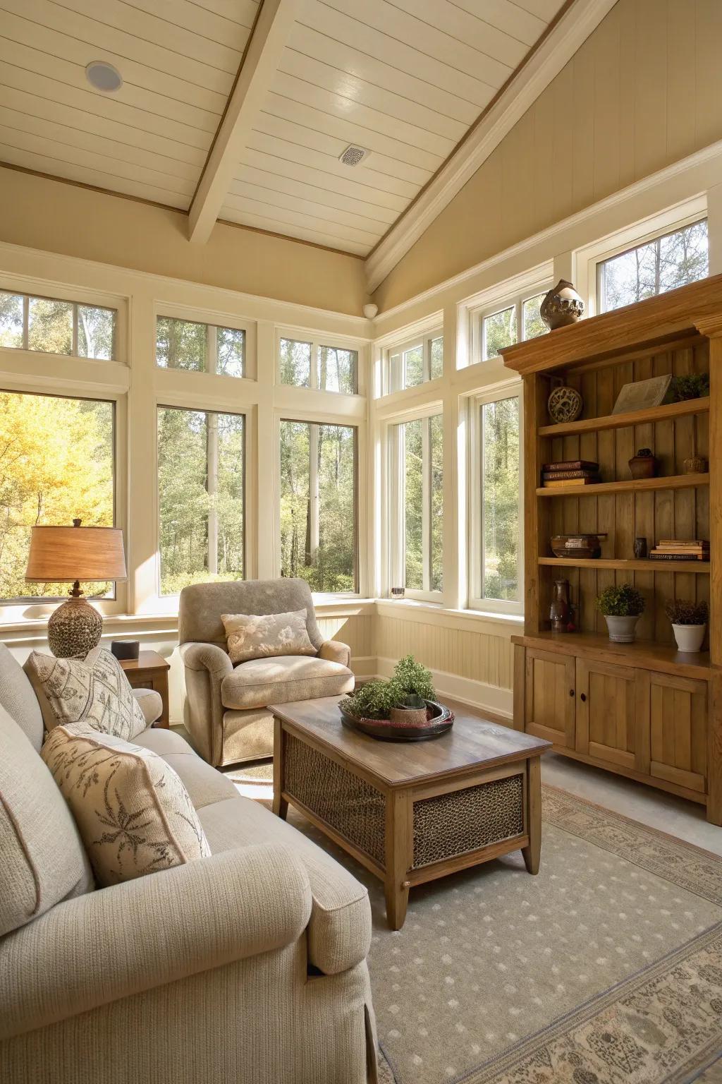 Sunroom with warm bisque walls, offering a snug and welcoming space.