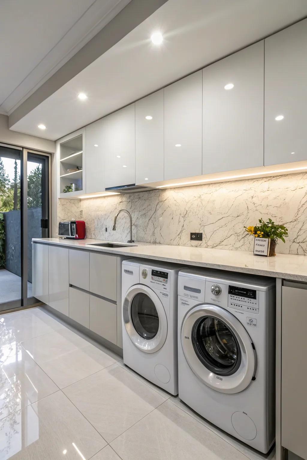 Laundry machines cleverly concealed under a kitchen countertop.