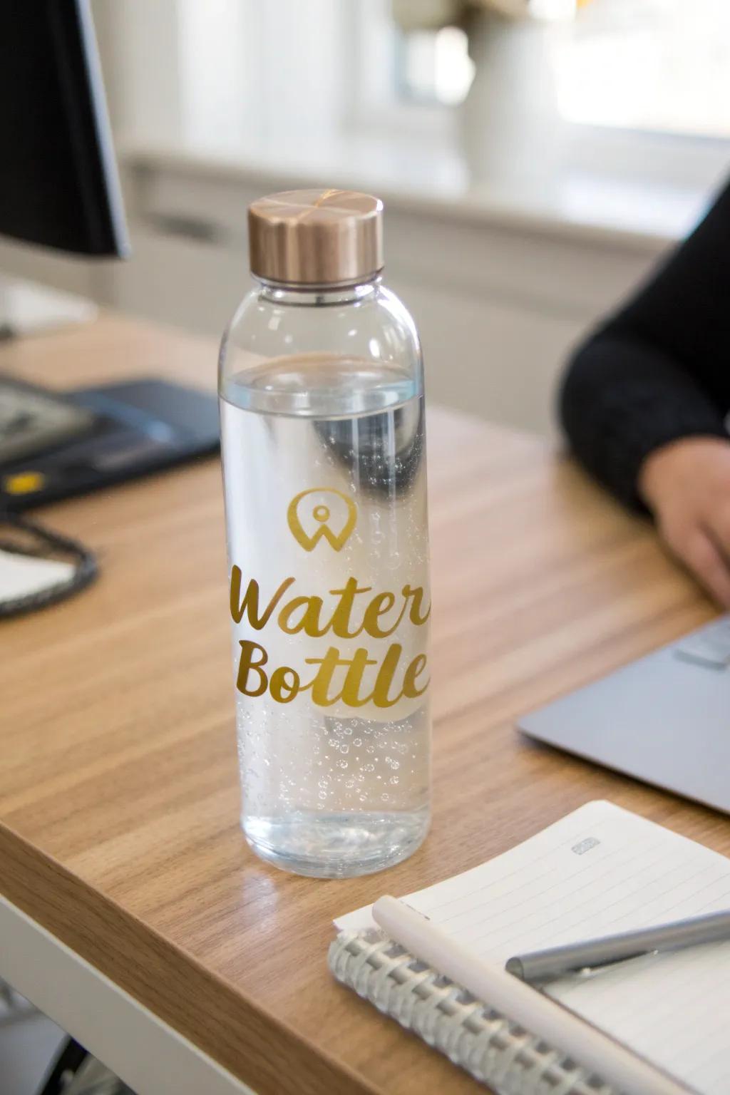 An individualized beverage container bearing golden laminate inscriptions.