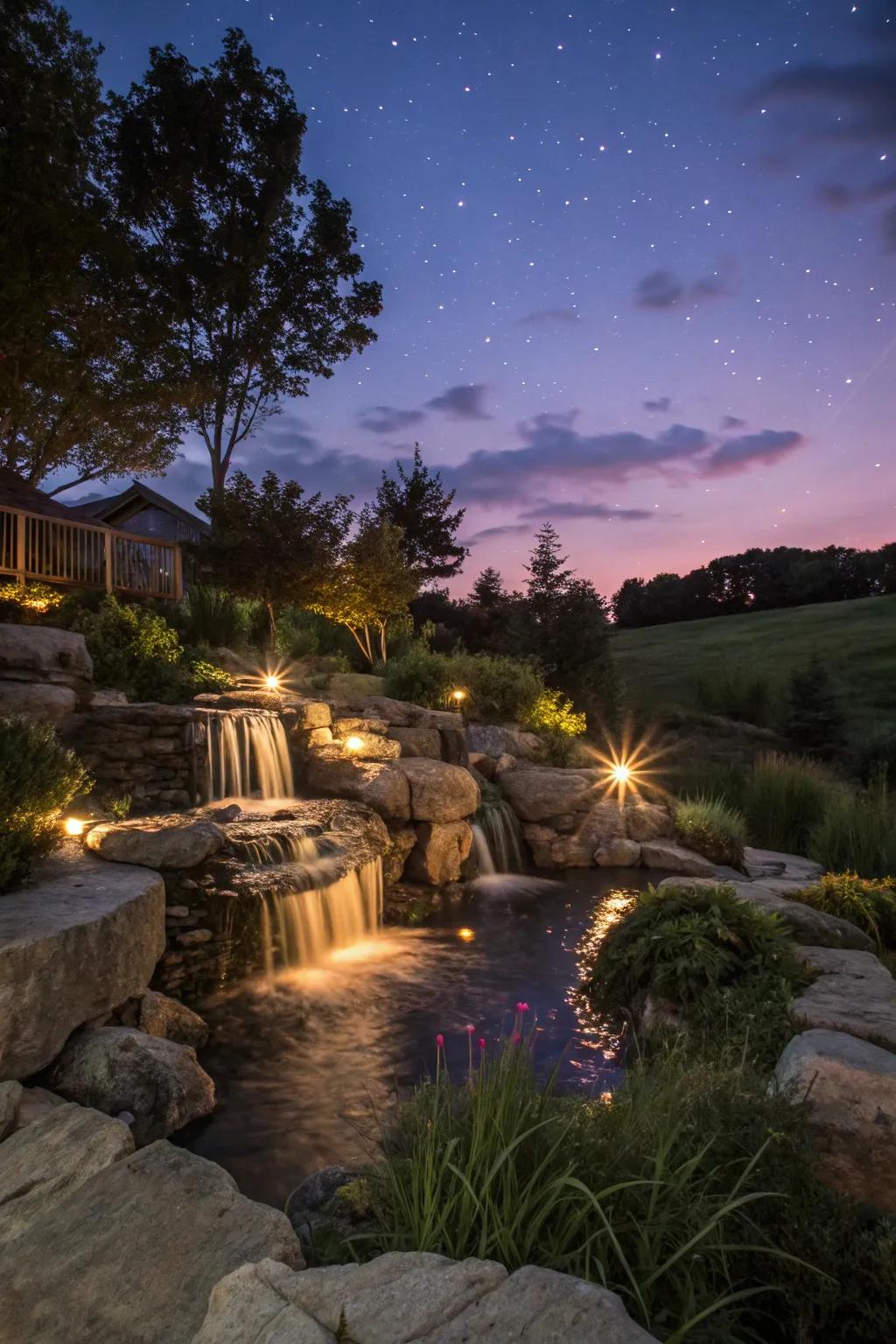 Improve your cascade using gentle lighting for a charming evening look.