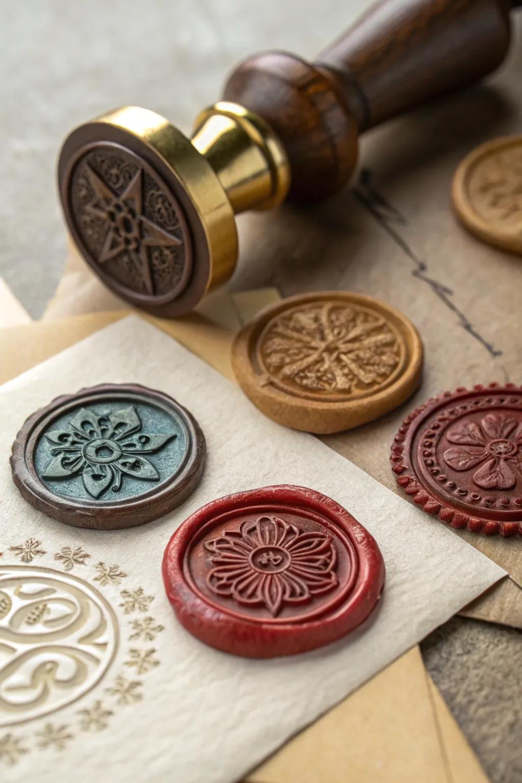 A selection of unique wax seal imprints, each presenting a distinct creative flair.