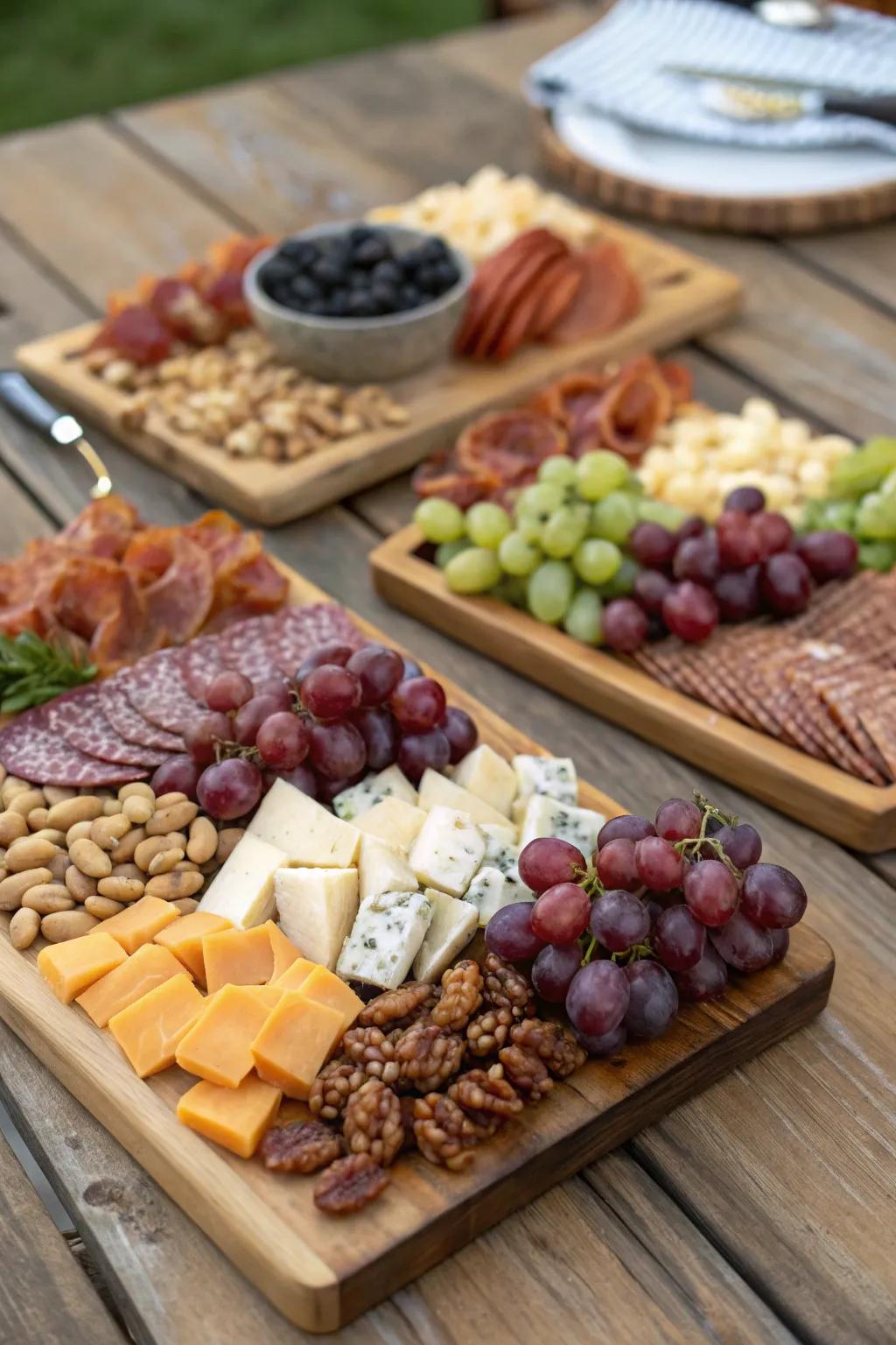 Personalized charcuterie boards prepared to delight wedding guests.