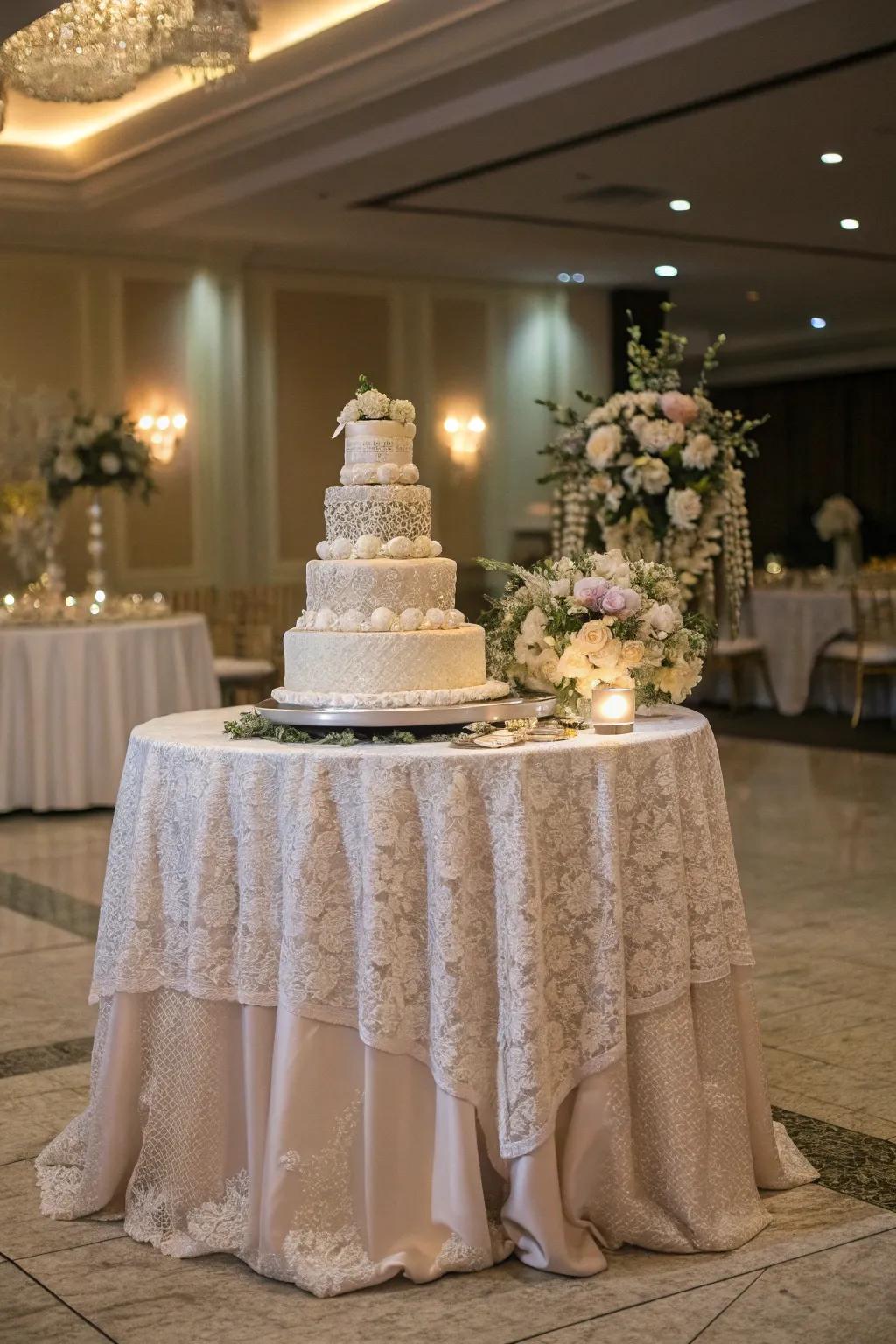 A wedding cake positioned on a surface embellished with sophisticated lace fabrics.