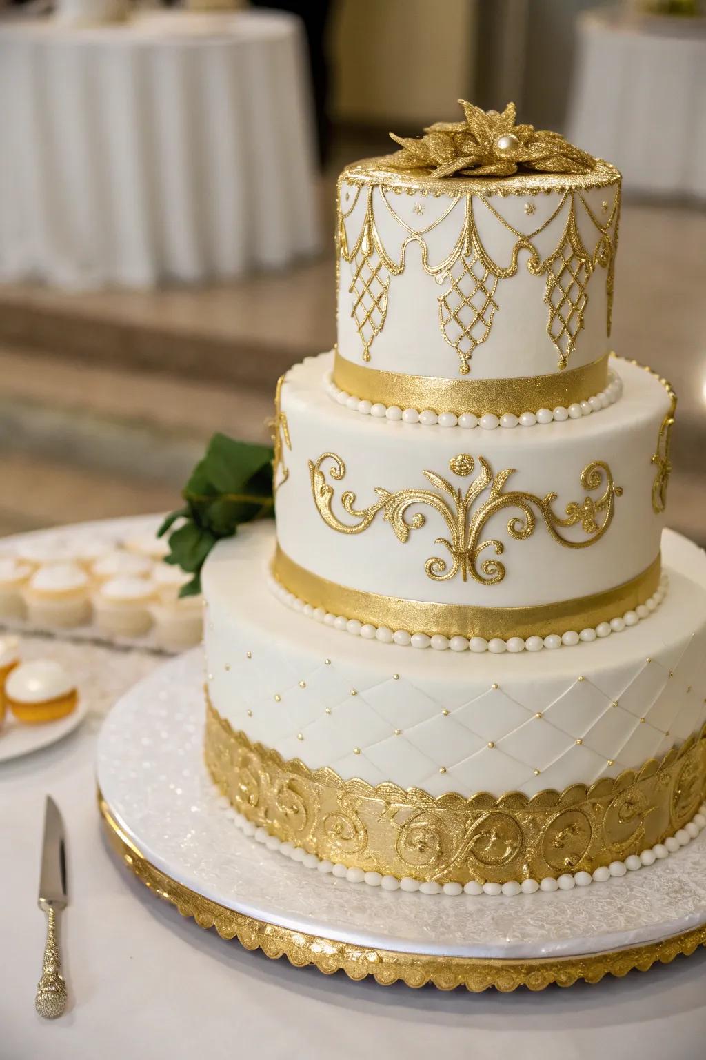 A wedding cake accentuated with gold metallic features for enhanced sophistication.