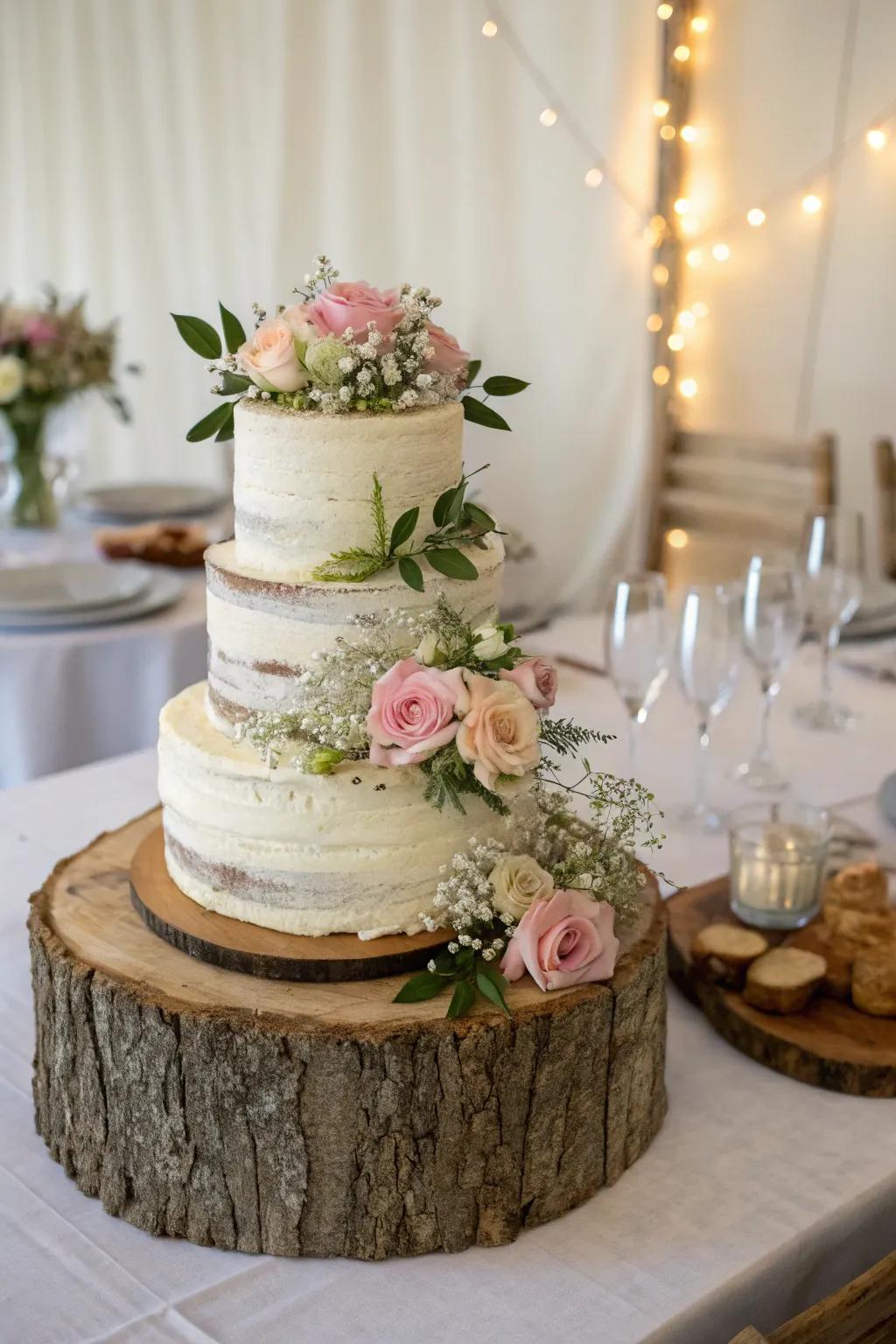 Rustic charm with wooden elements enhancing the cake table.