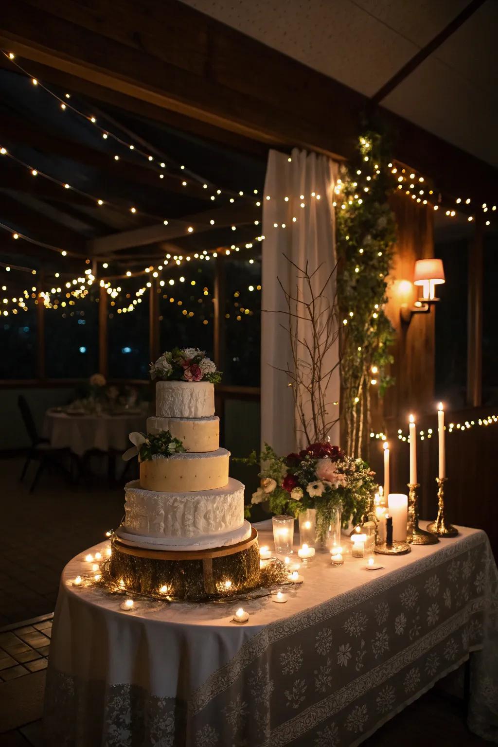 A wedding cake table glowing with fairy lights and candles.