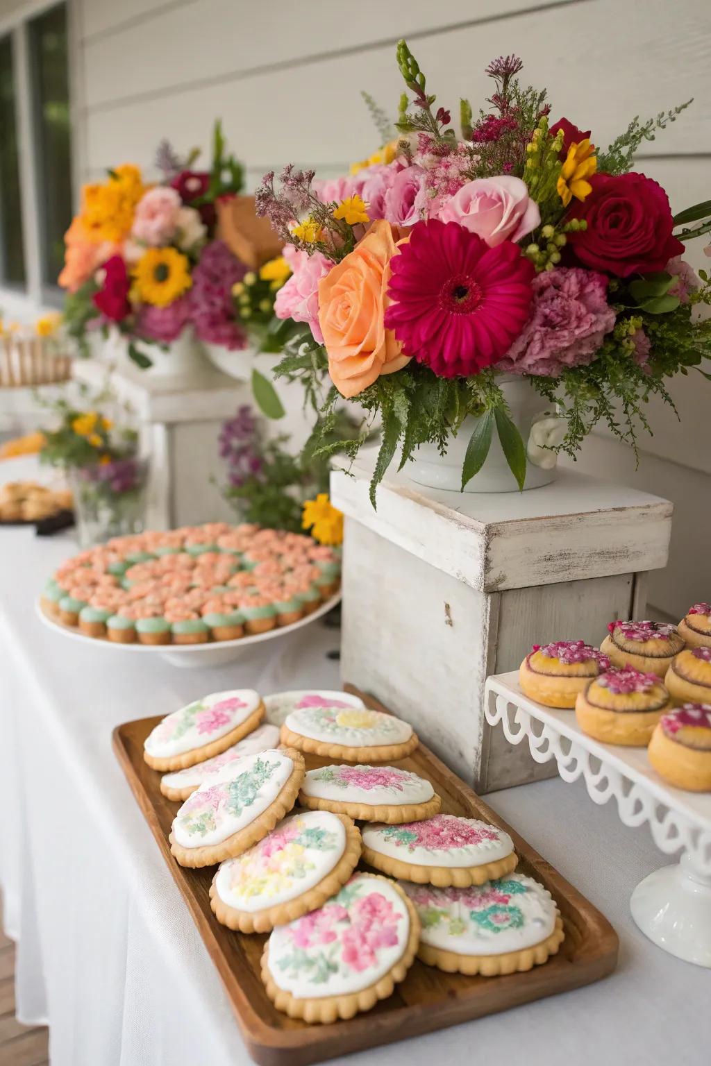Floral arrangements introduce a romantic sensation to a wedding pastry station.