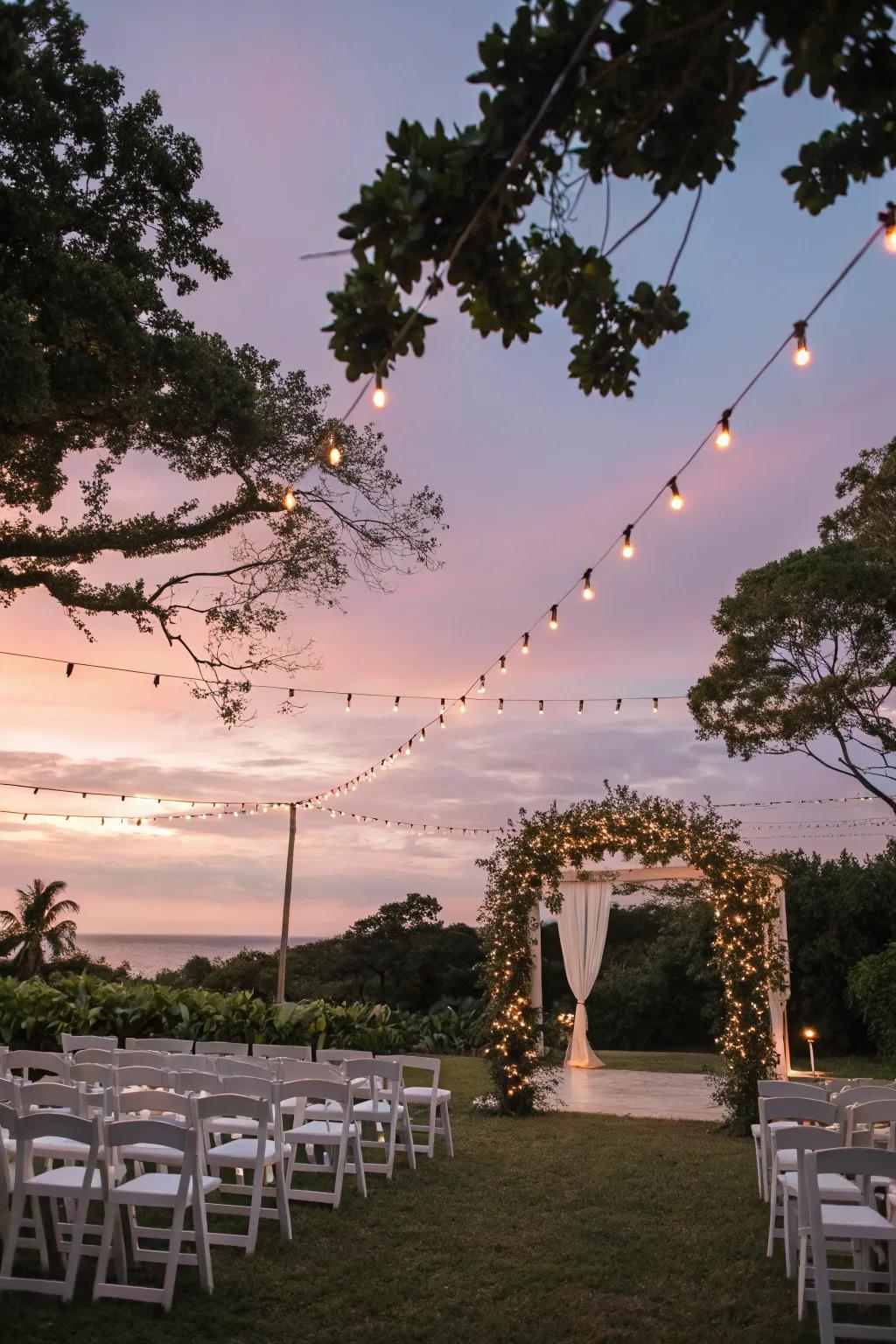 An open-air wedding location wonderfully lit with fairy lights hanging from trees.