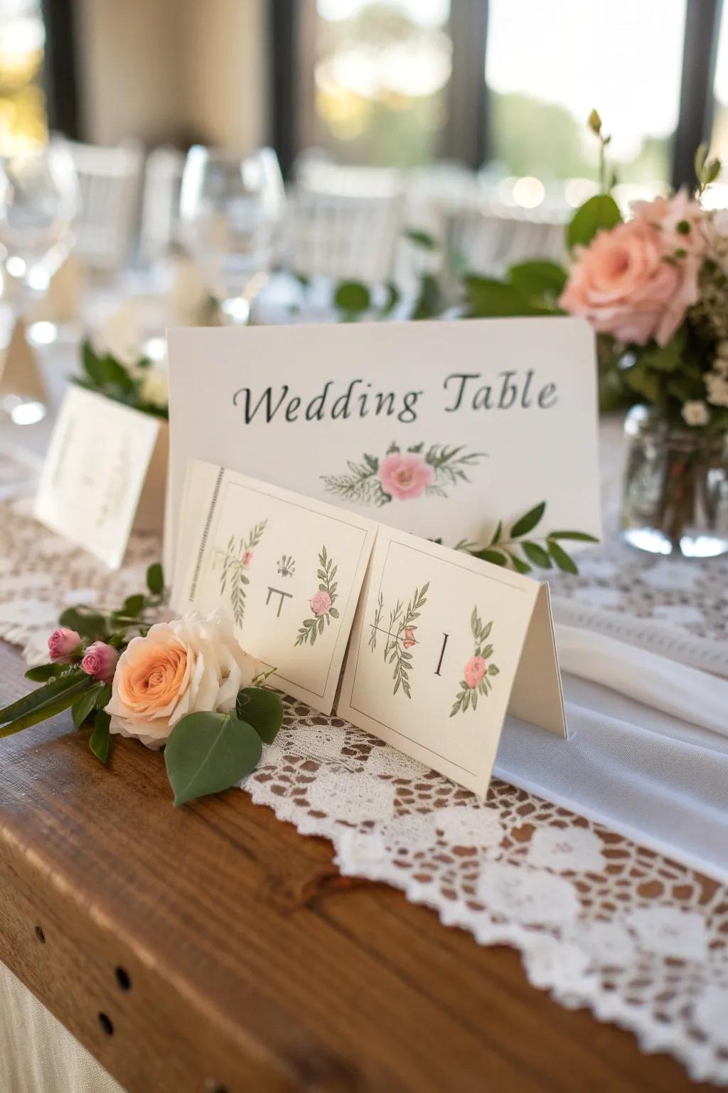 Bespoke designation cards elegantly arranged on a wedding table, adding a personalized touch.