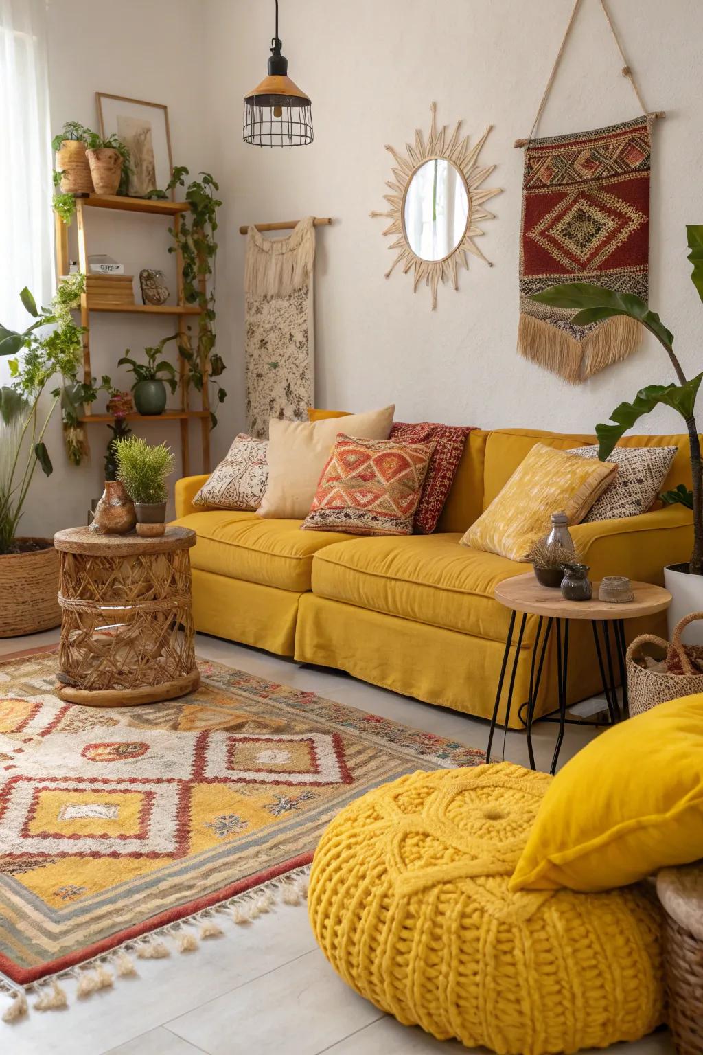 Boho lounge highlighted with vibrant yellow and ochre details.
