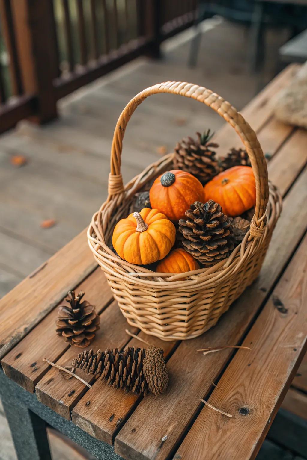 Any décor is enhanced with a touch of fall by incorporating mini pumpkins and cones in a basket.