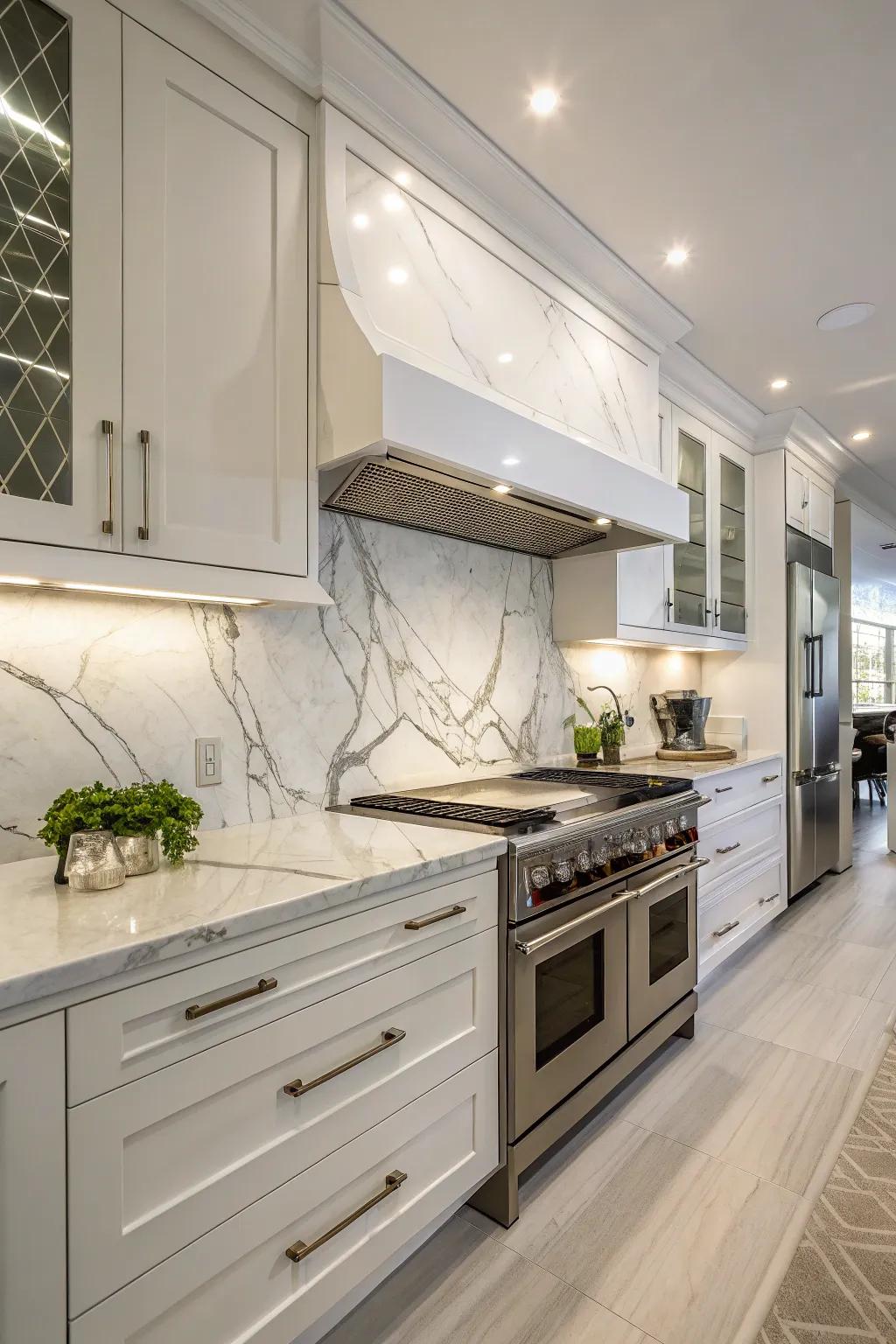 Elegant white stone backsplash adding a luxurious feel.