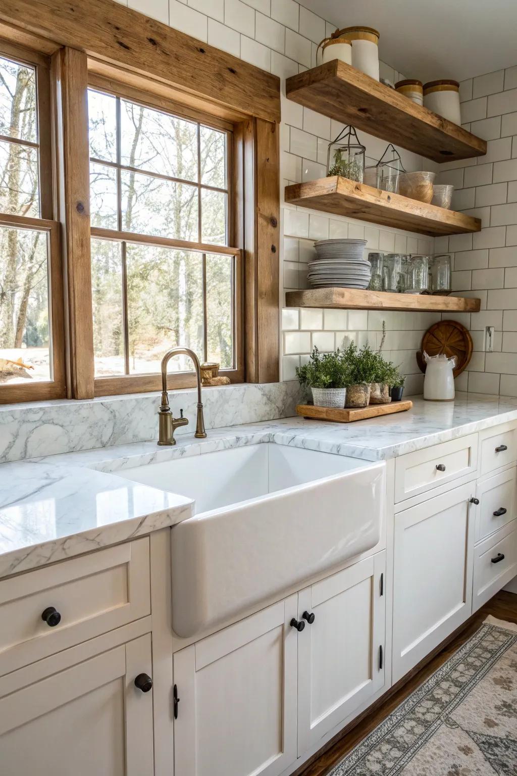 A farmhouse basin incorporates an appealing and functional component to the cooking area.