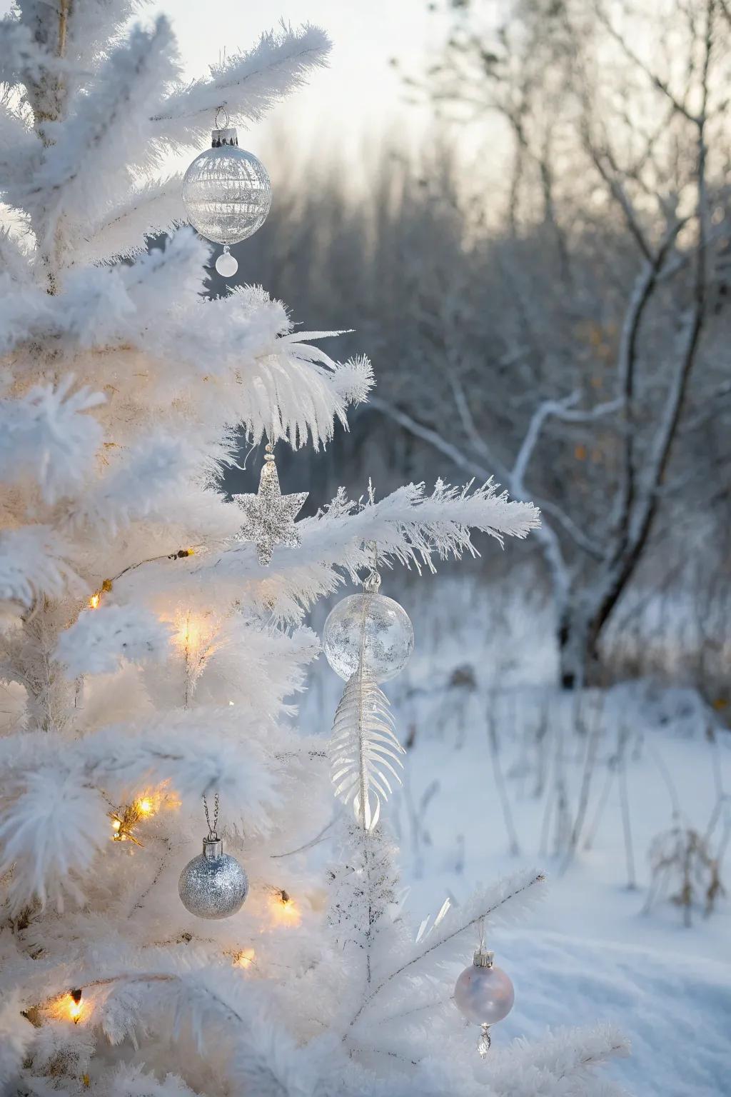 A white pencil tree styled as a wintry wonderland using plumage and crystal decors.