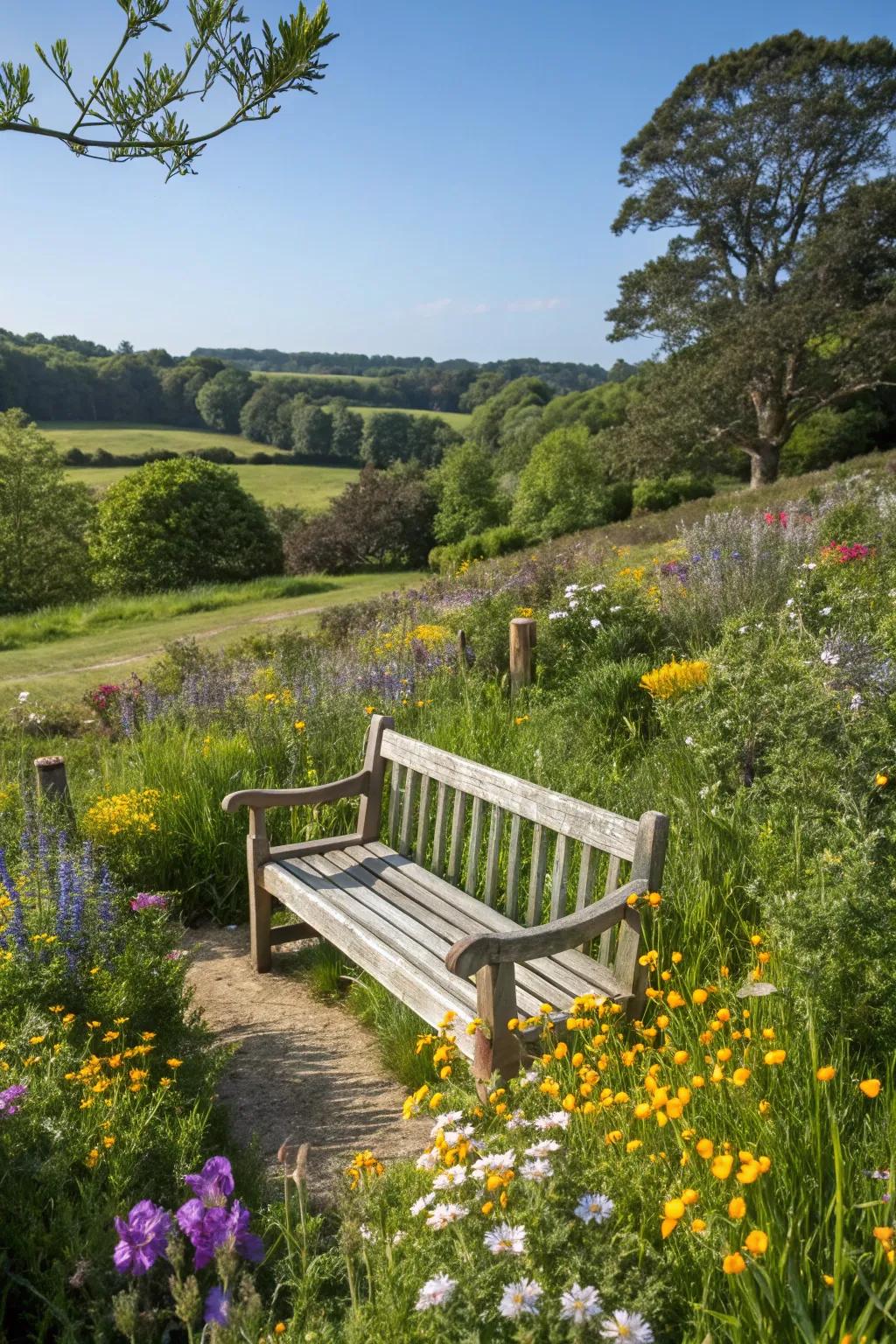 An idyllic spot for unwinding amidst a sea of wildflowers.