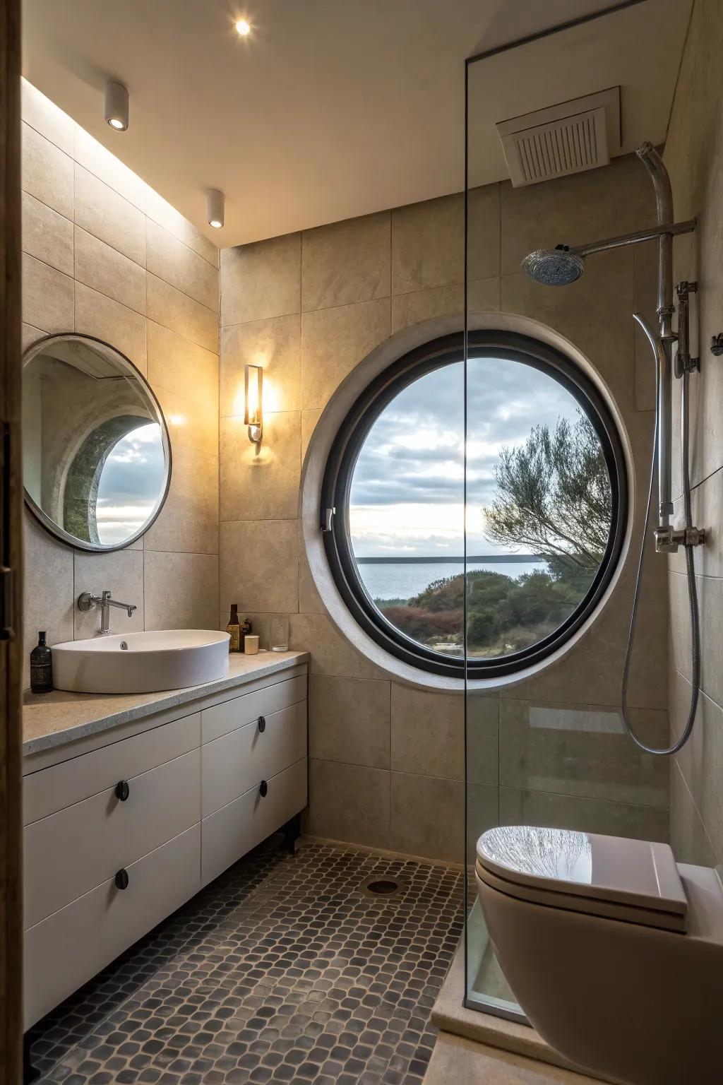 The addition of an orbicular window to the shower space enhances the architectural narrative of the bathroom.
