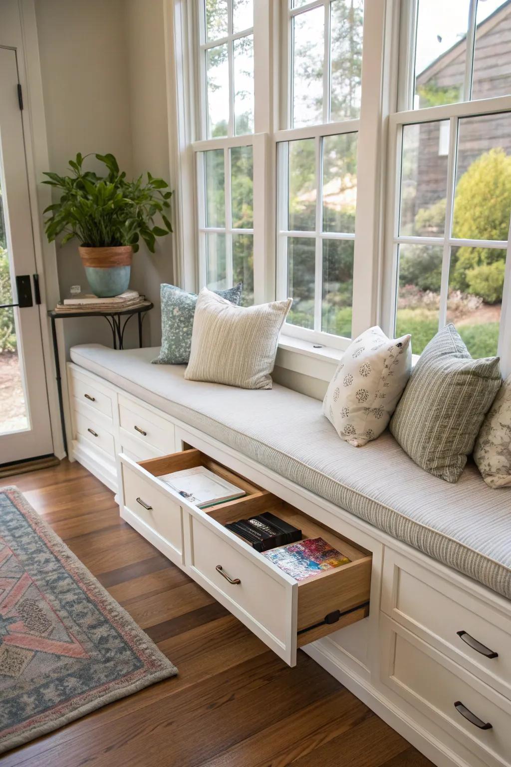 A window bench includes built-in stowing drawers to keep the area tidy.