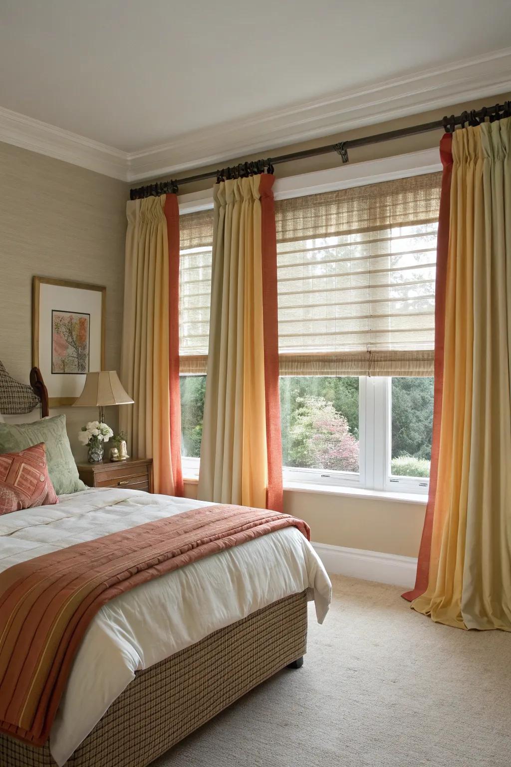 Overlapping soft furnishings and window coverings offer layered style and control over light.