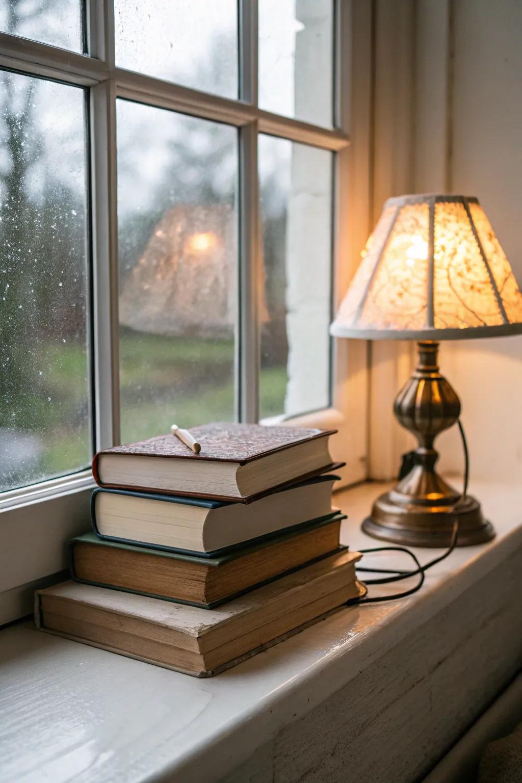 Manuscripts arranged on the windowsill encourage leisure and contemplation.