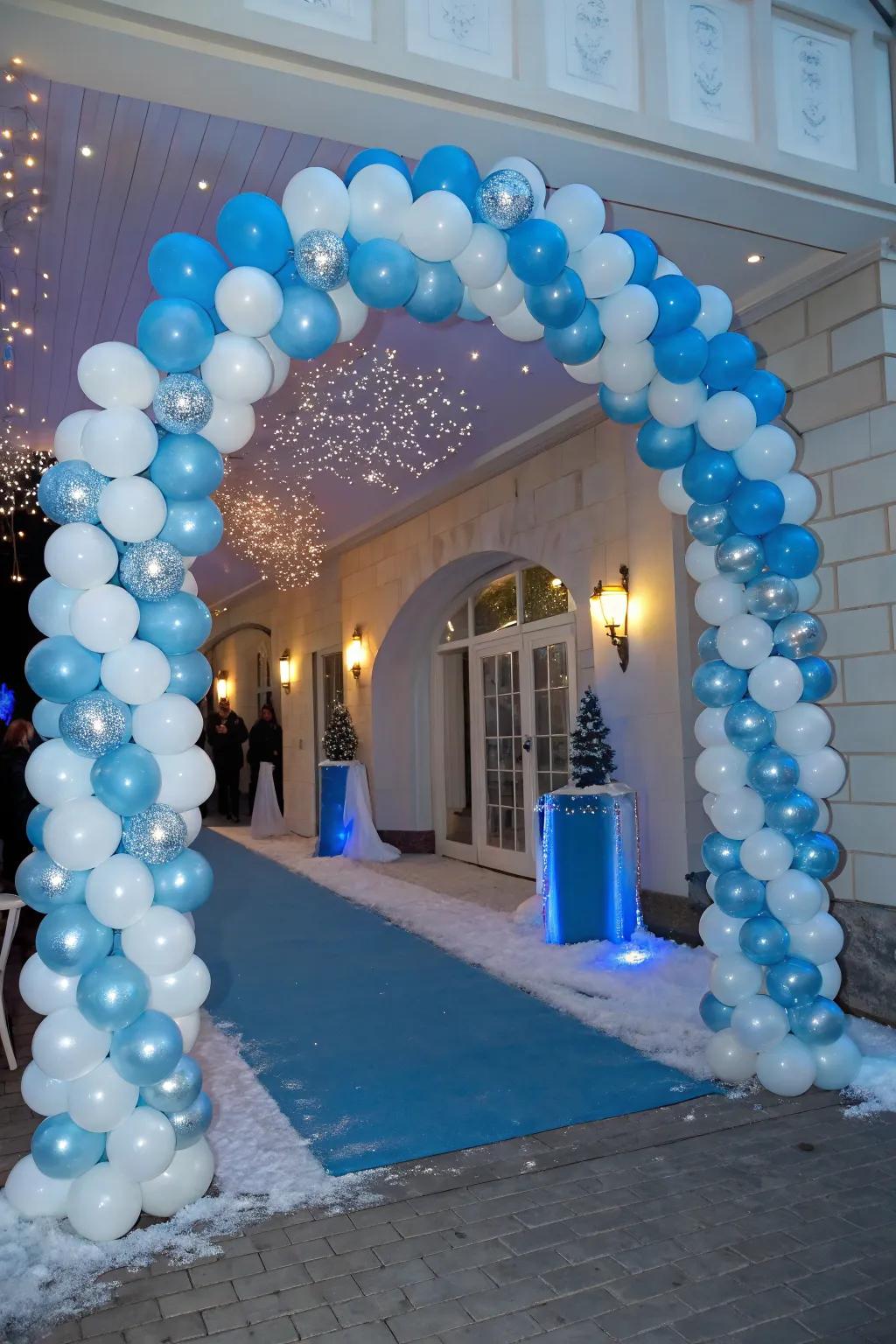 A balloon gateway welcomes attendees into a winter wonderland.
