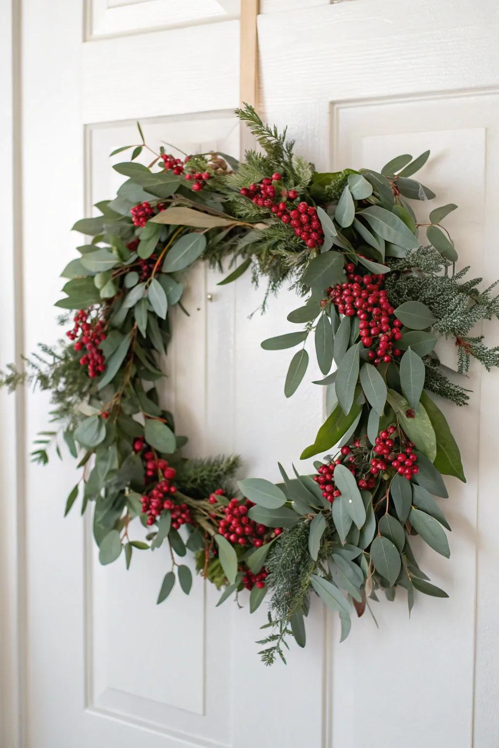 Eucalyptus and berries craft an inviting, aromatic winter reception.