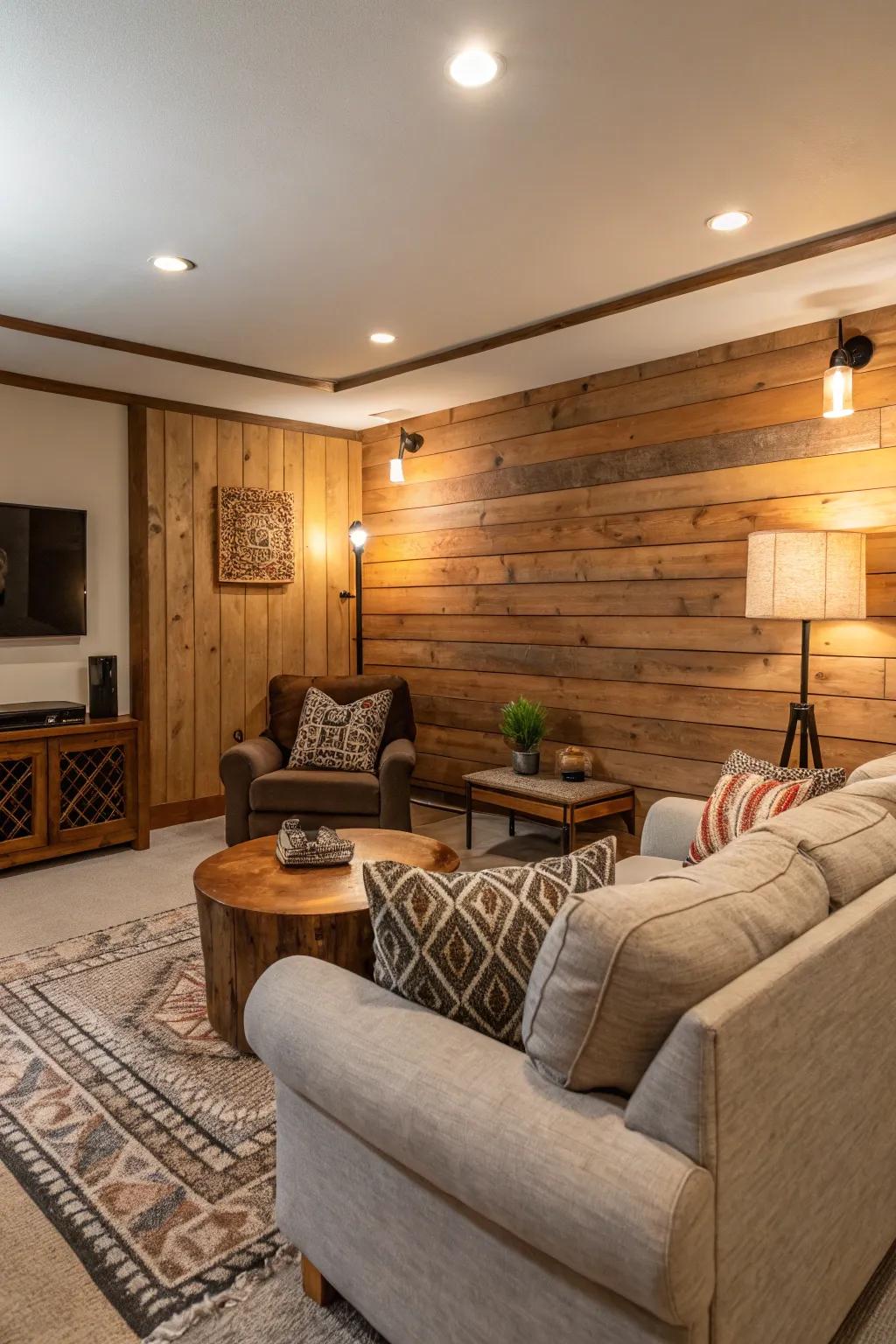 A timber accent wall creating a cozy focal point in the living room.