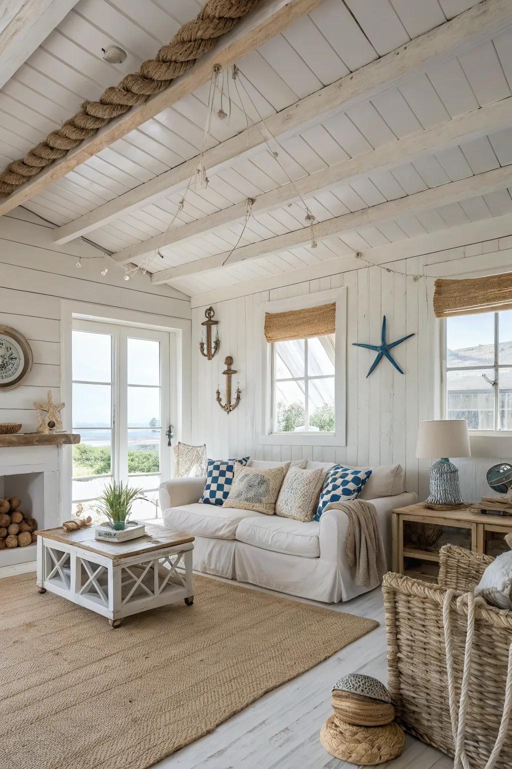 Whitewashed timber creates an airy coastal feel.