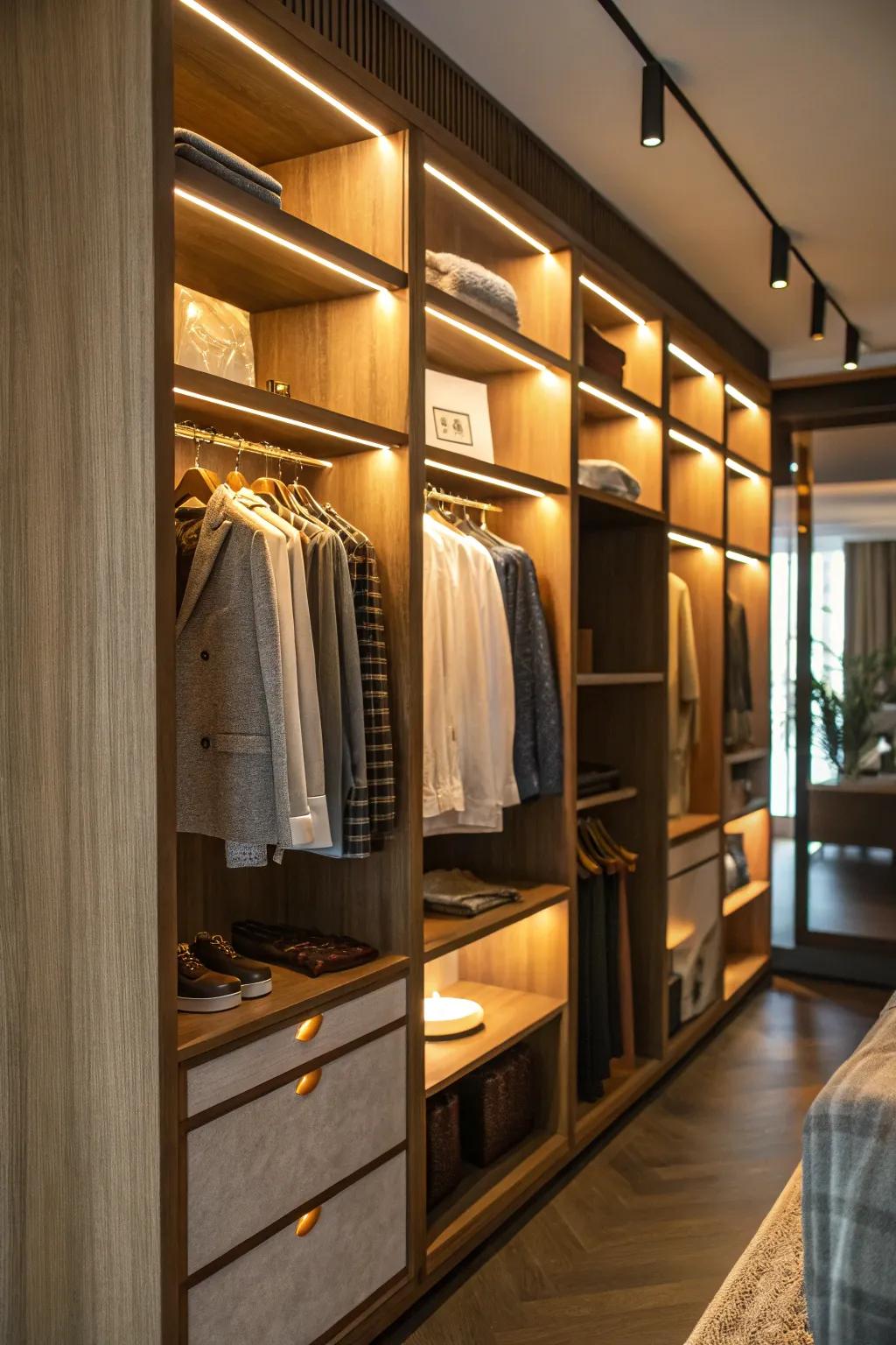 With soft lighting, your closet evolves into a peaceful escape.