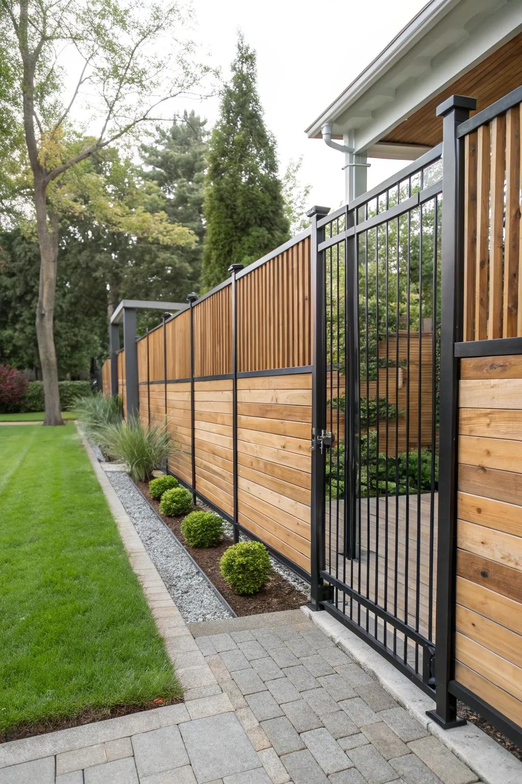 Wood fences take on a distinctive and modern aesthetic when combined with different materials.