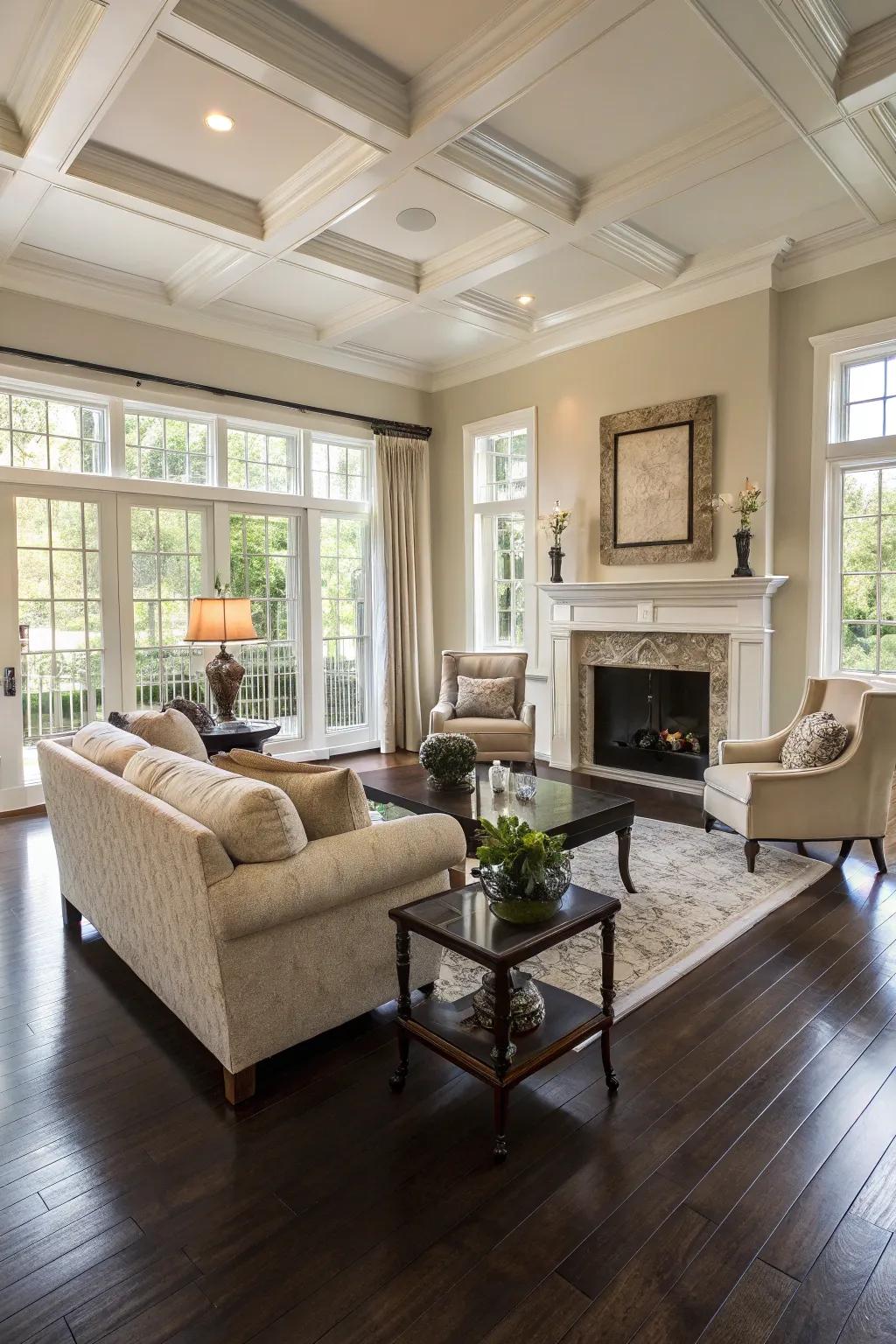 Lavish living space featuring deep stained timber flooring.