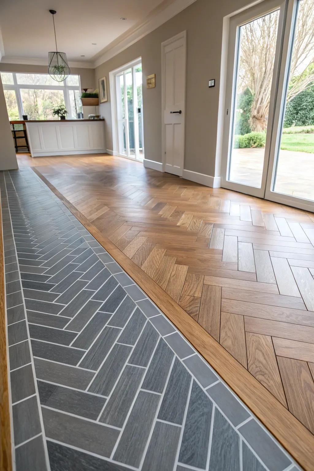 An open space displaying an angled design moving from tile to wooden floors.