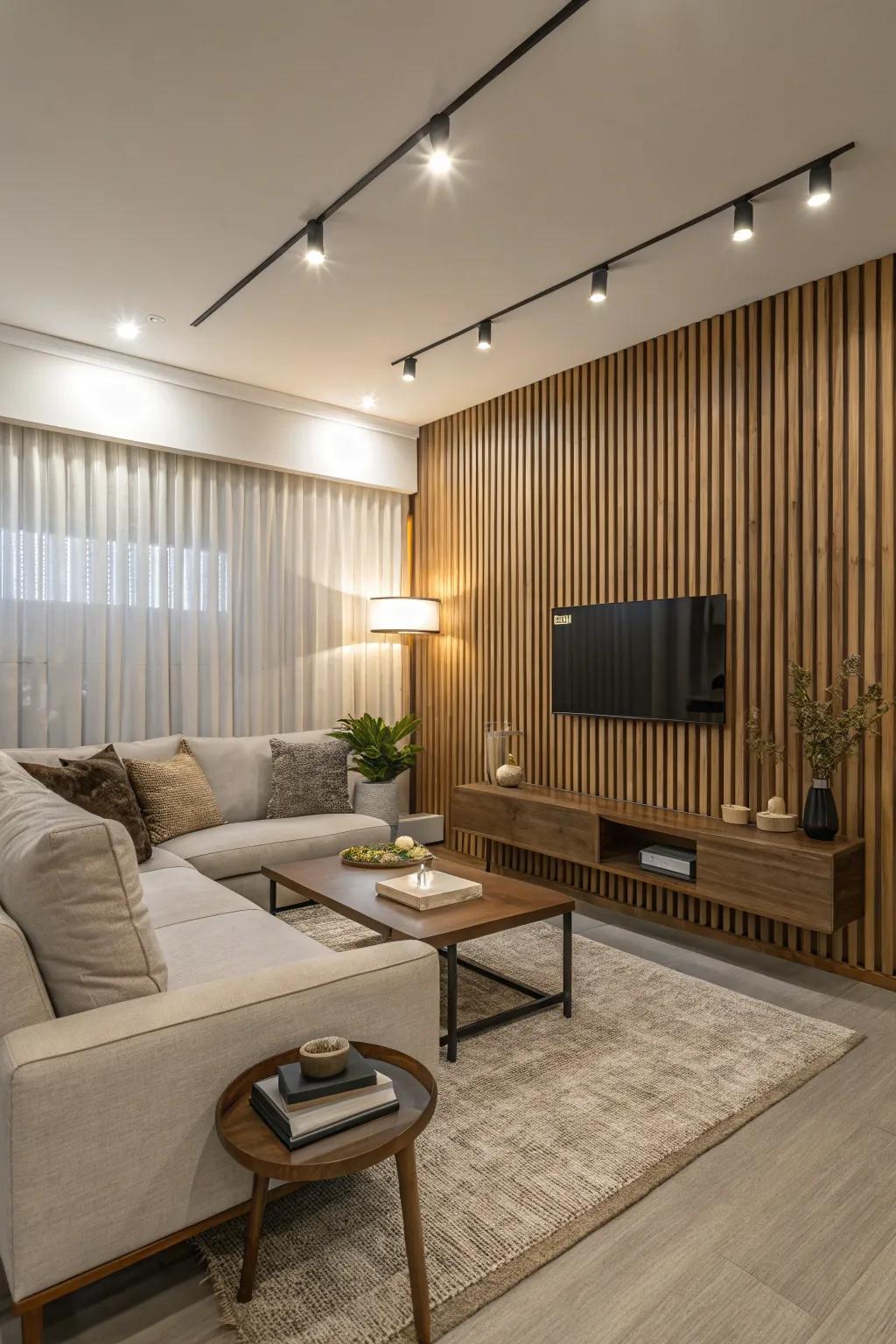 Create visual impact using a timber strip highlight wall.