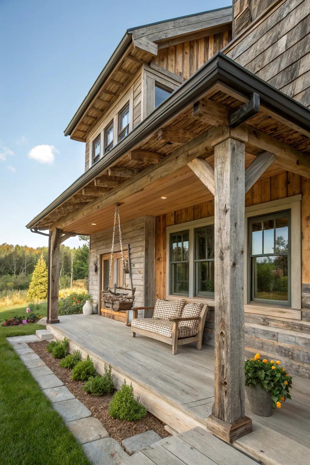 Salvaged timber soffits offer rustic appeal and environmental responsibility.