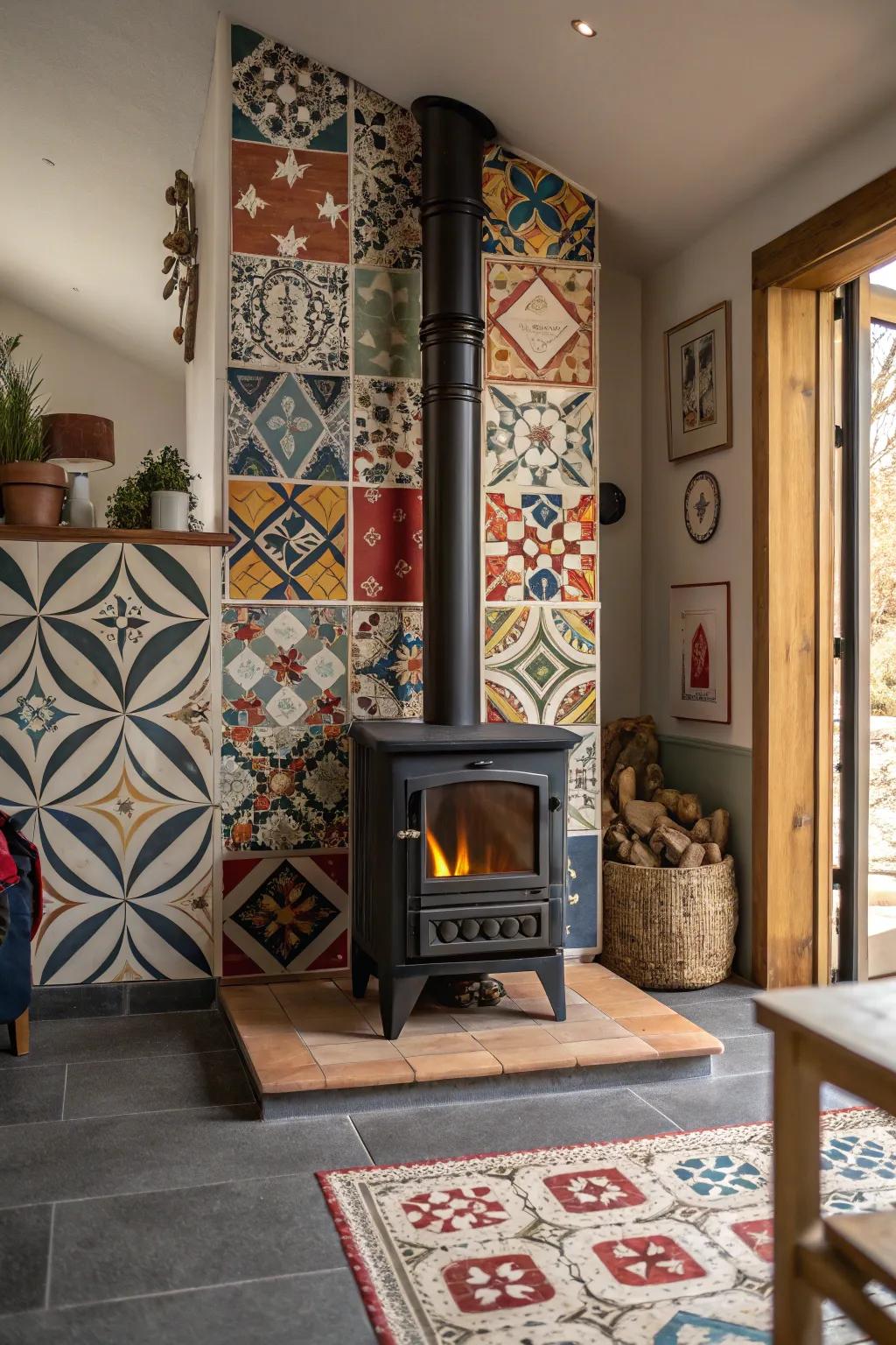 Geometric tiles establish an eye-catching visual highlight surrounding a wood stove.